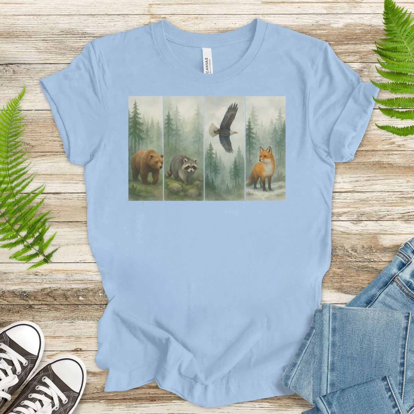 Forest Wildlife Strip Tee – Watercolor Nature Hike Animal T-Shirt