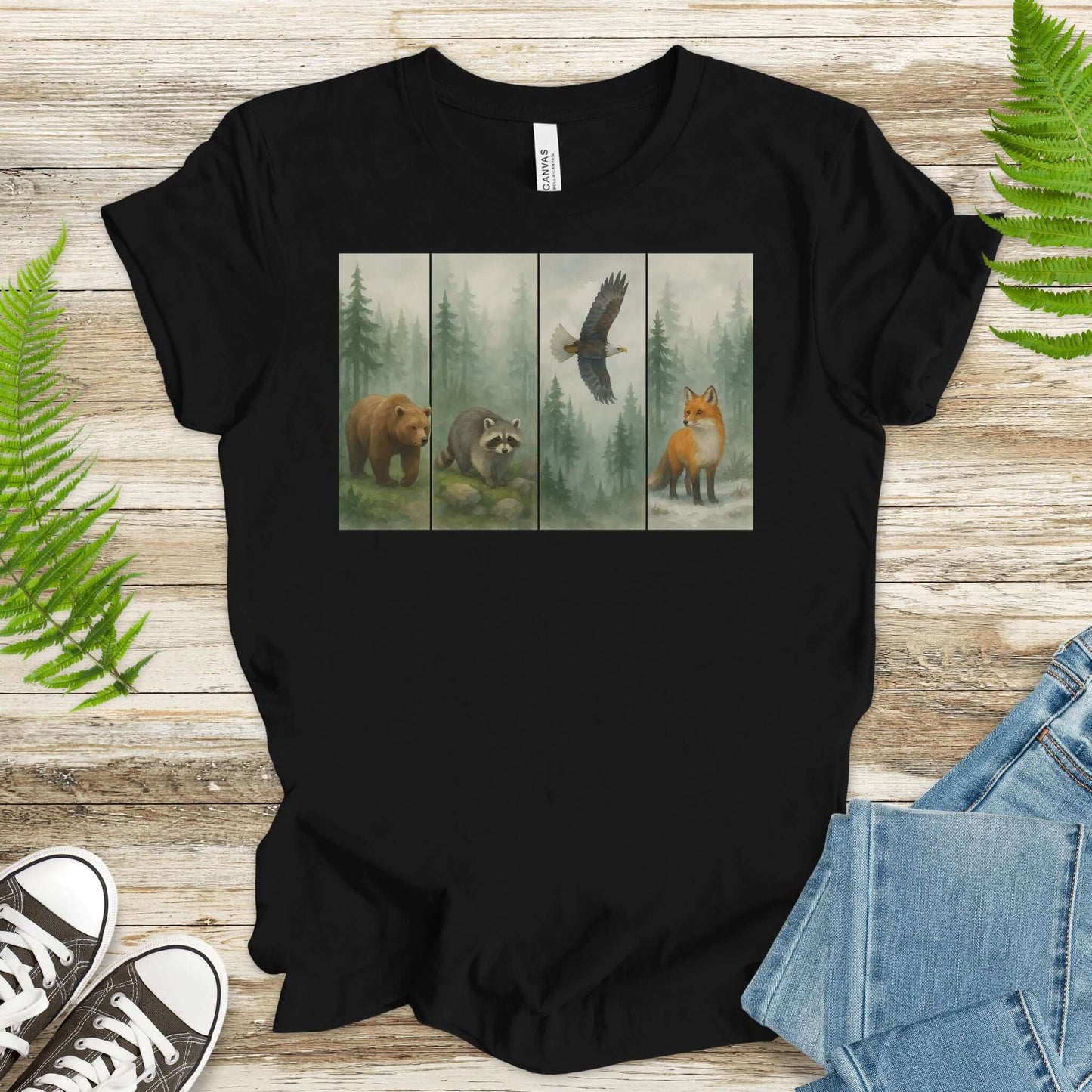 Forest Wildlife Strip Tee – Watercolor Nature Hike Animal T-Shirt