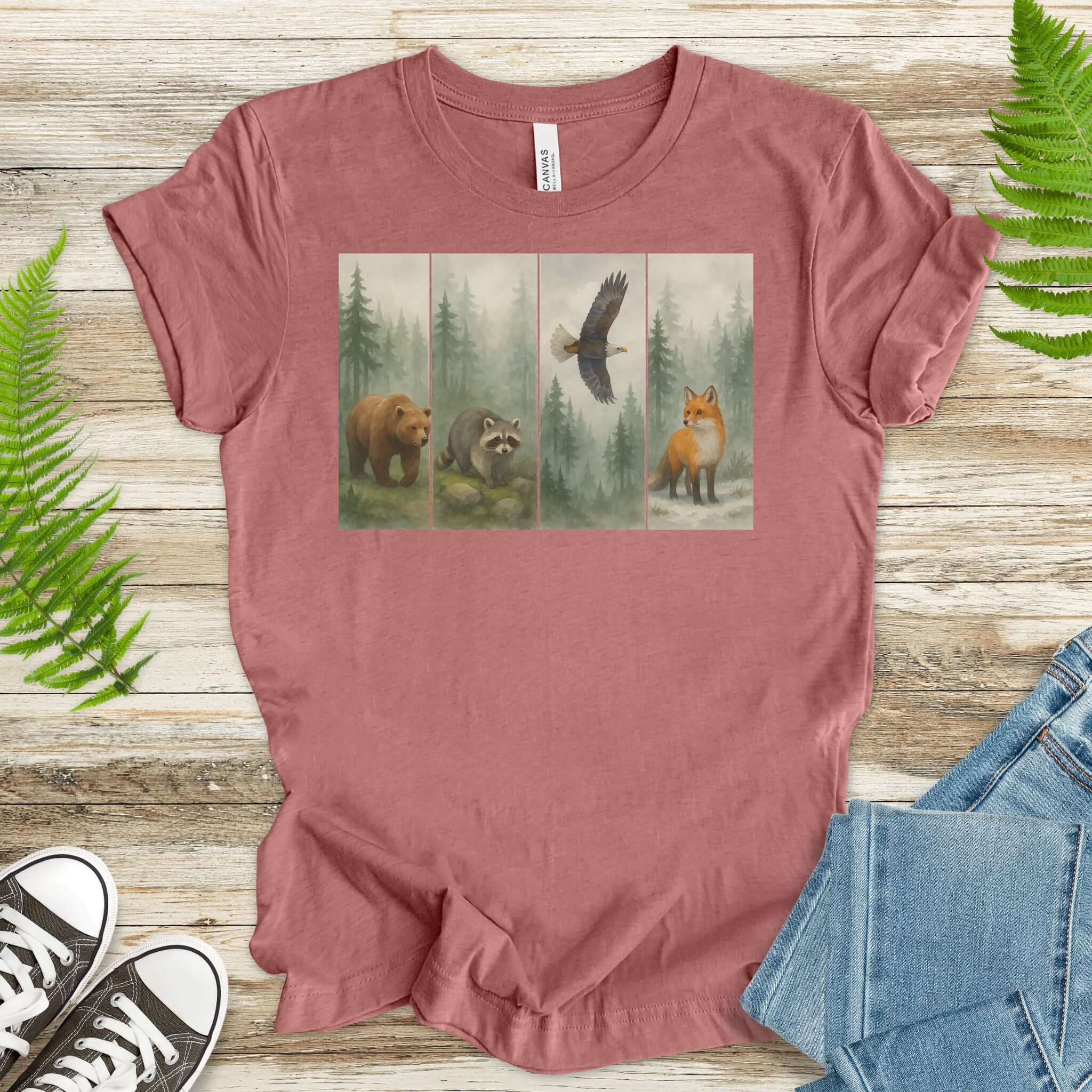 Forest Wildlife Strip Tee – Watercolor Nature Hike Animal T-Shirt