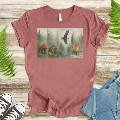 Forest Wildlife Strip Tee – Watercolor Nature Hike Animal T-Shirt