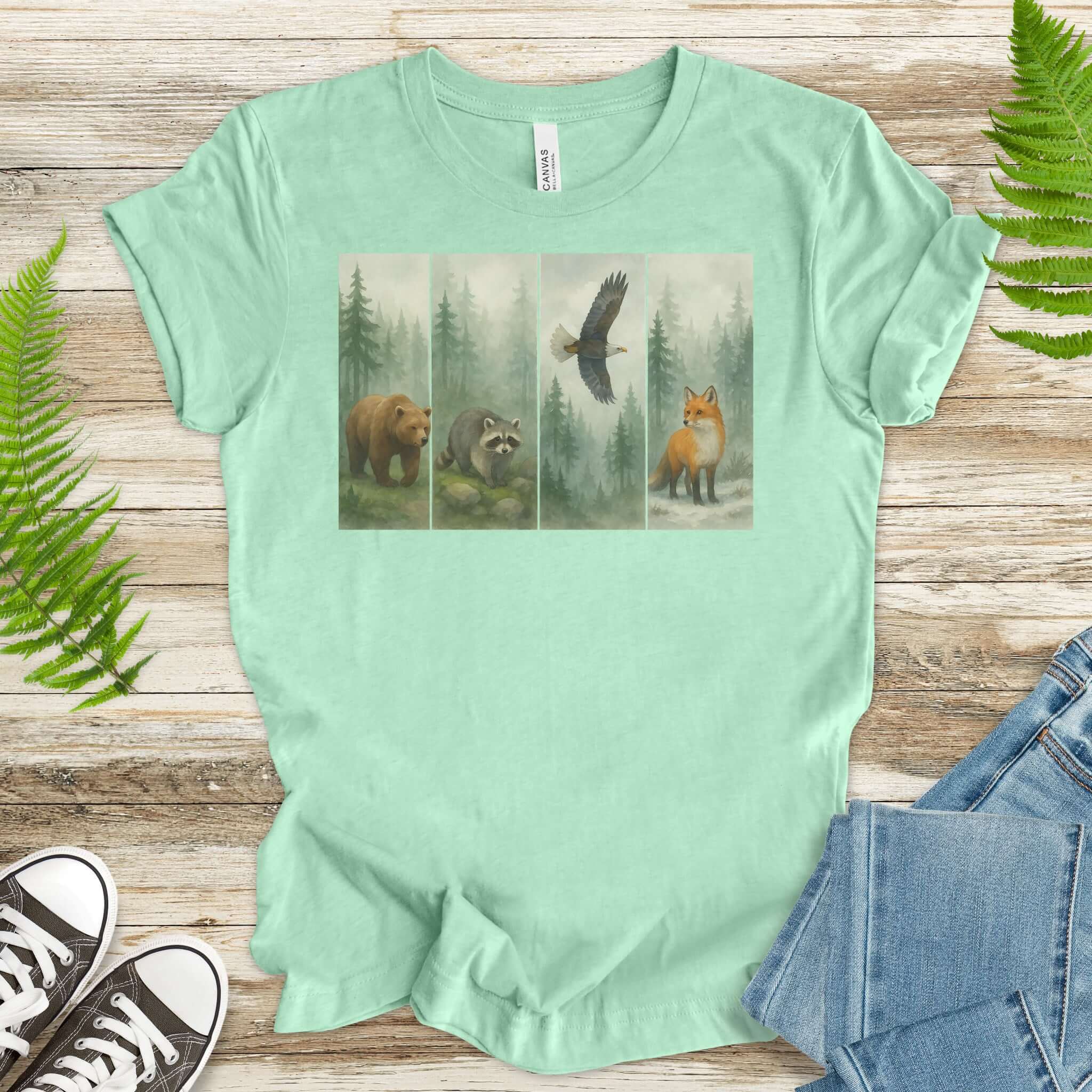 Forest Wildlife Strip Tee – Watercolor Nature Hike Animal T-Shirt