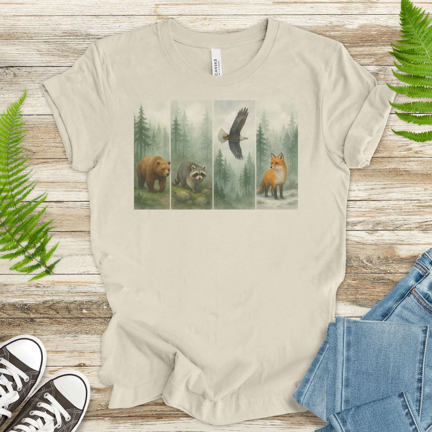 Forest Wildlife Strip Tee – Watercolor Nature Hike Animal T-Shirt