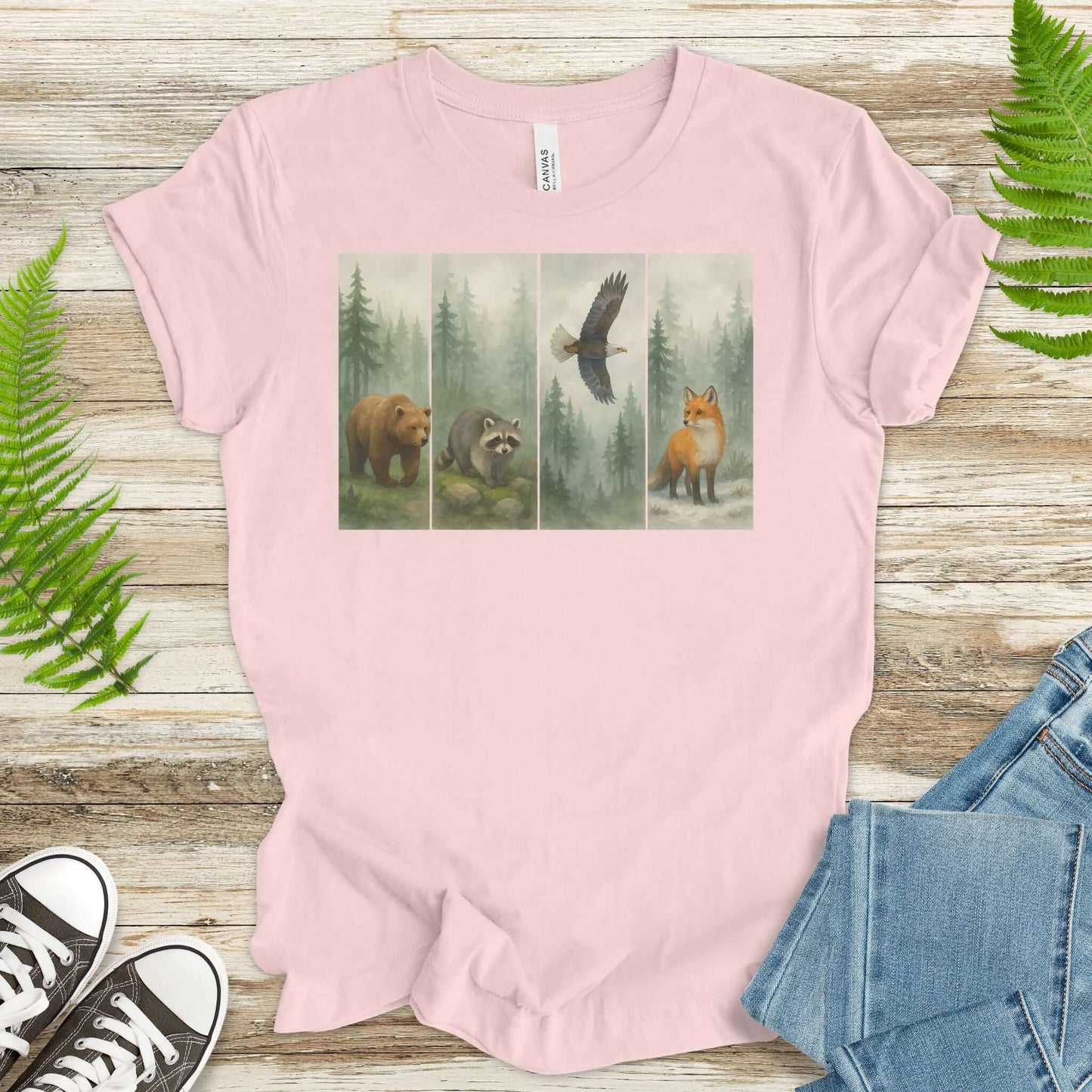 Forest Wildlife Strip Tee – Watercolor Nature Hike Animal T-Shirt
