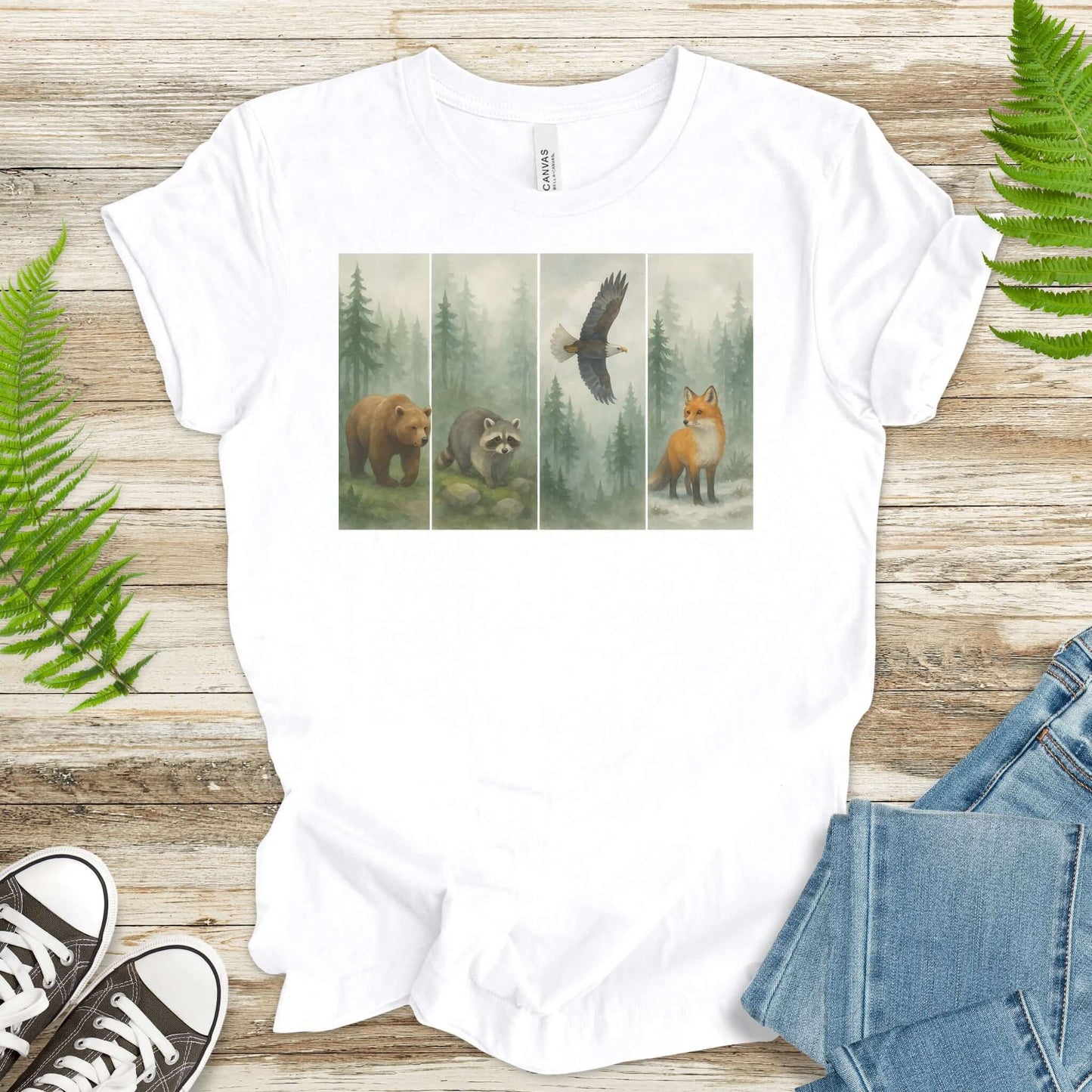 Forest Wildlife Strip Tee – Watercolor Nature Hike Animal T-Shirt