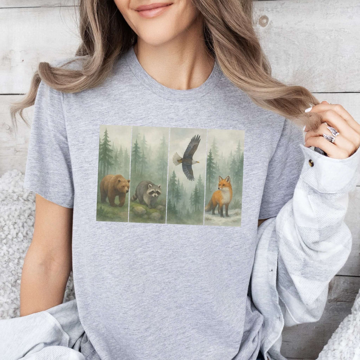 Forest Wildlife Strip Tee – Watercolor Nature Hike Animal T-Shirt