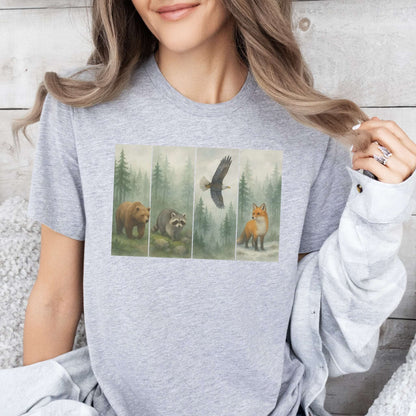 Forest Wildlife Strip Tee – Watercolor Nature Hike Animal T-Shirt