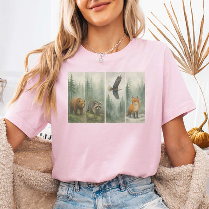 Forest Wildlife Strip Tee – Watercolor Nature Hike Animal T-Shirt