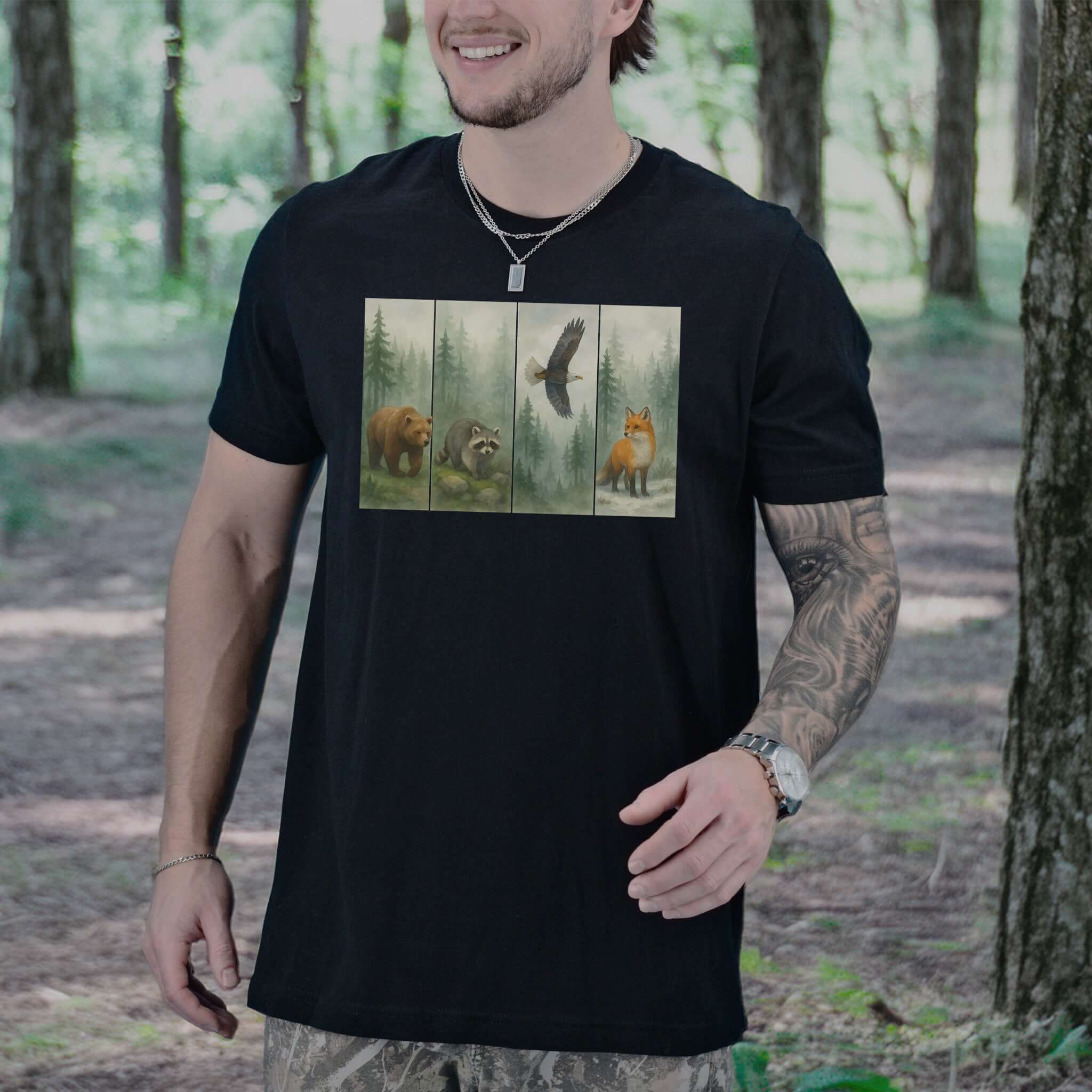 Forest Wildlife Strip Tee – Watercolor Nature Hike Animal T-Shirt