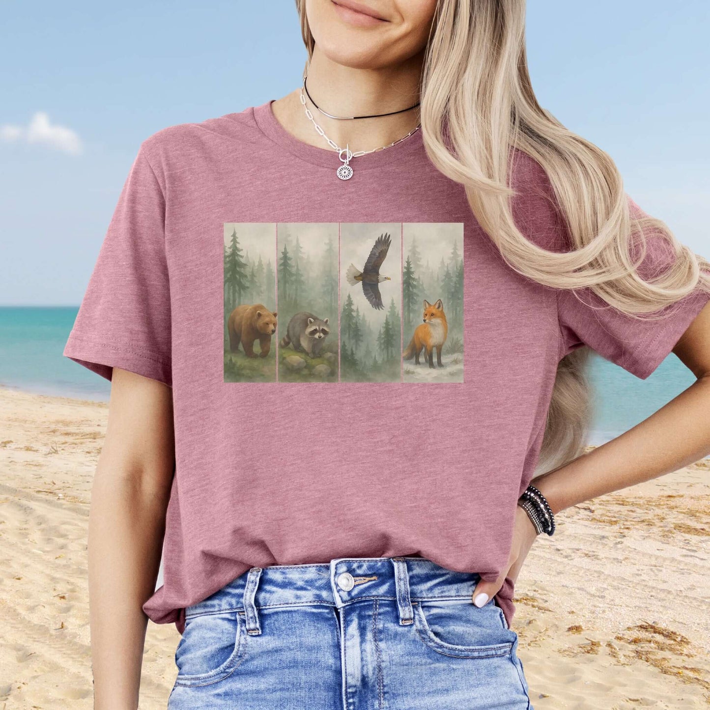 Forest Wildlife Strip Tee – Watercolor Nature Hike Animal T-Shirt