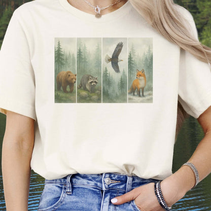 Forest Wildlife Strip Tee – Watercolor Nature Hike Animal T-Shirt