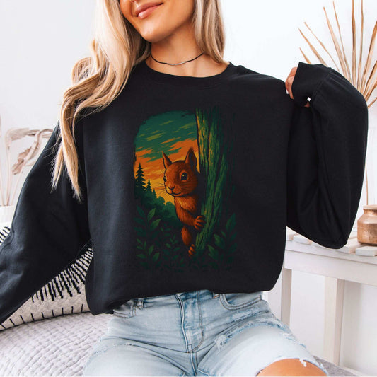 Squirrel Peeking in Forest Sweatshirt – Spirit Animal of Playfulness