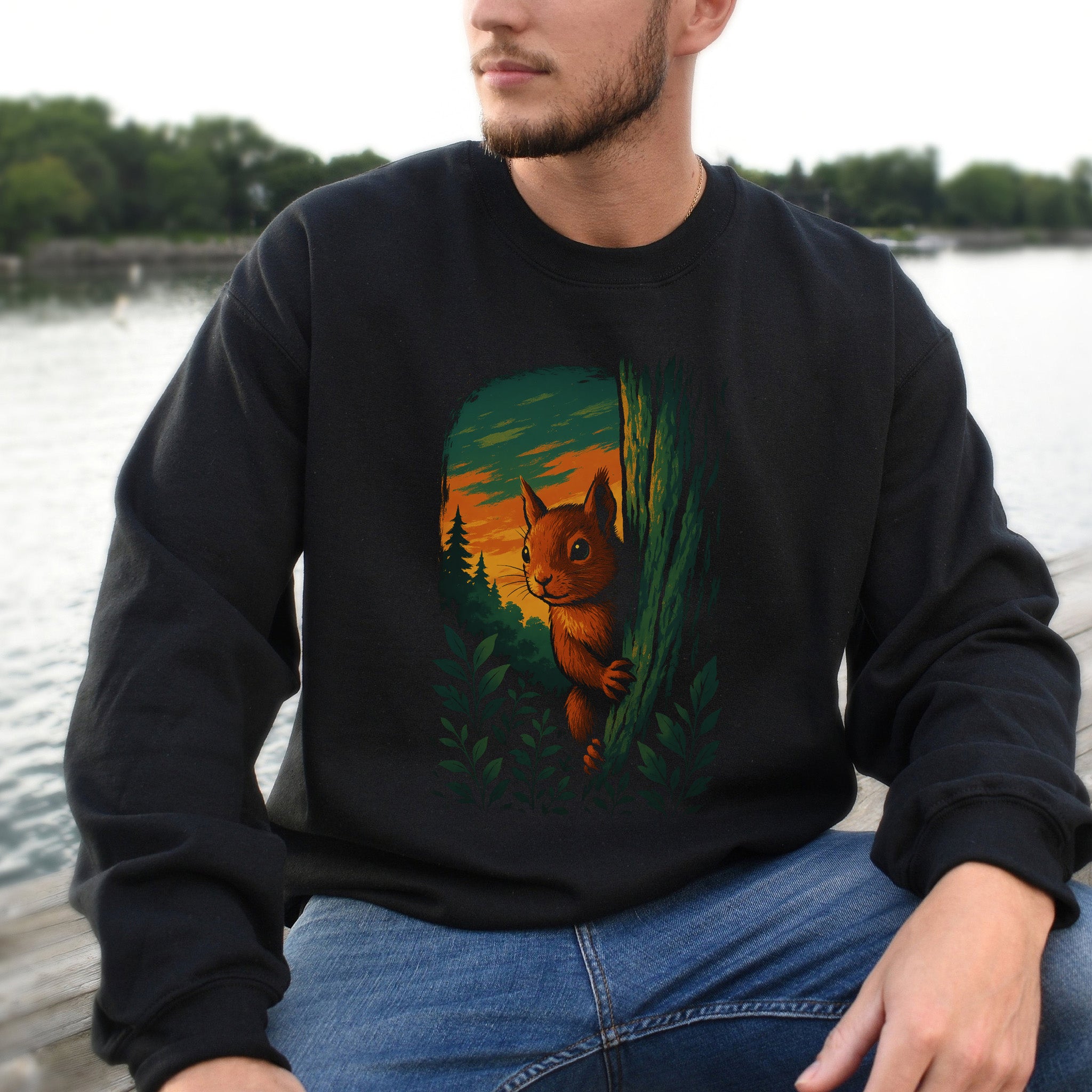 Squirrel Peeking in Forest Sweatshirt – Spirit Animal of Playfulness