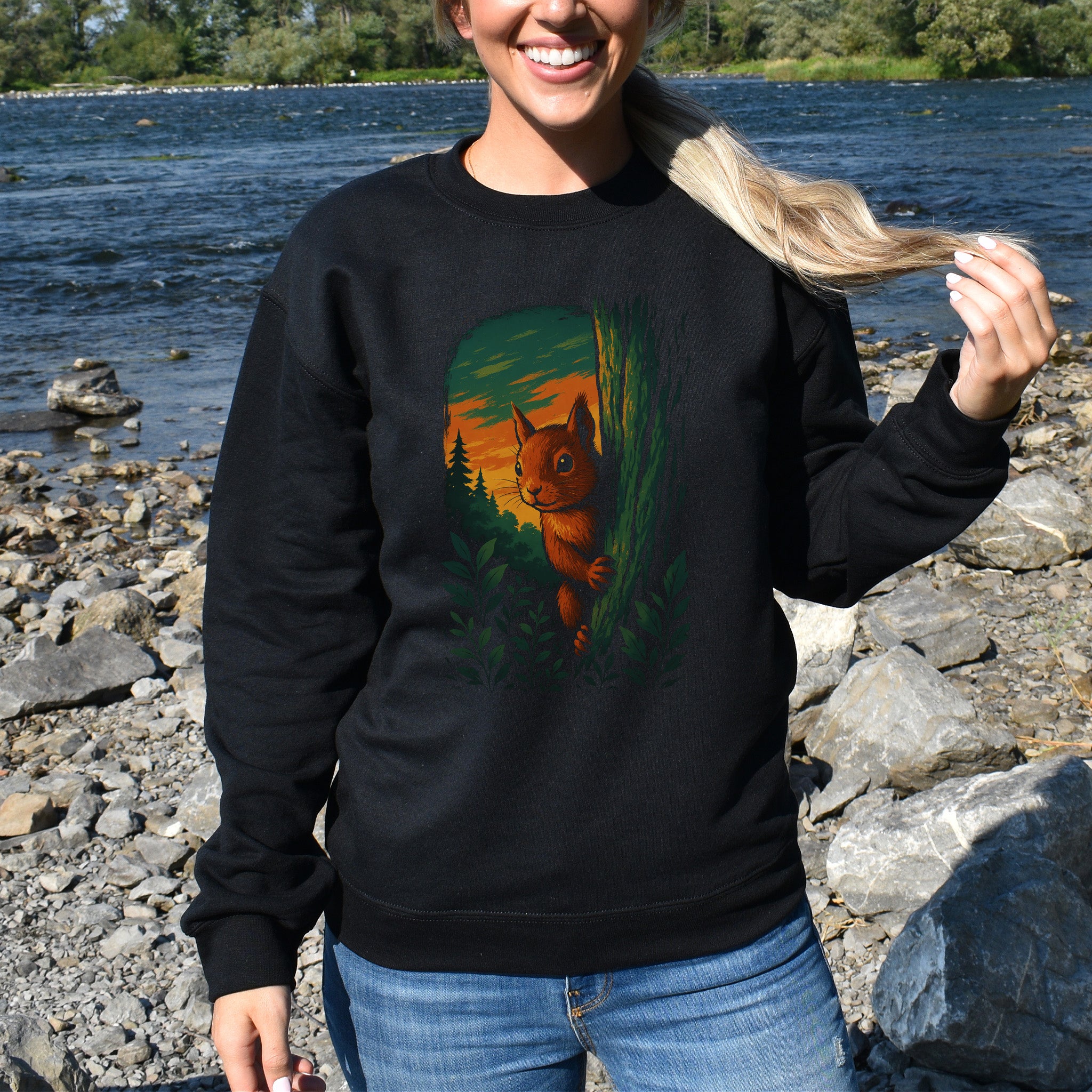 Squirrel Peeking in Forest Sweatshirt – Spirit Animal of Playfulness
