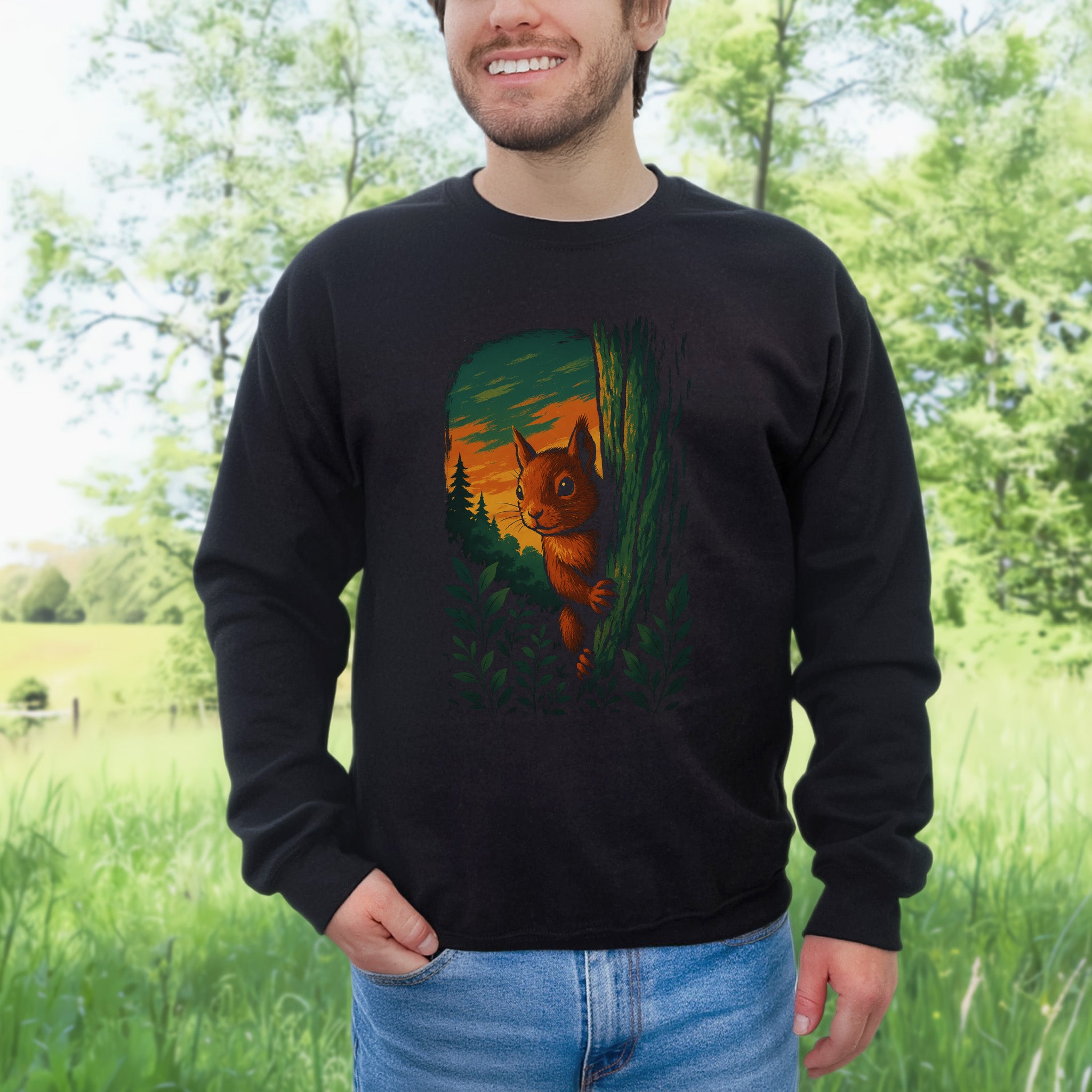 Squirrel Peeking in Forest Sweatshirt – Spirit Animal of Playfulness