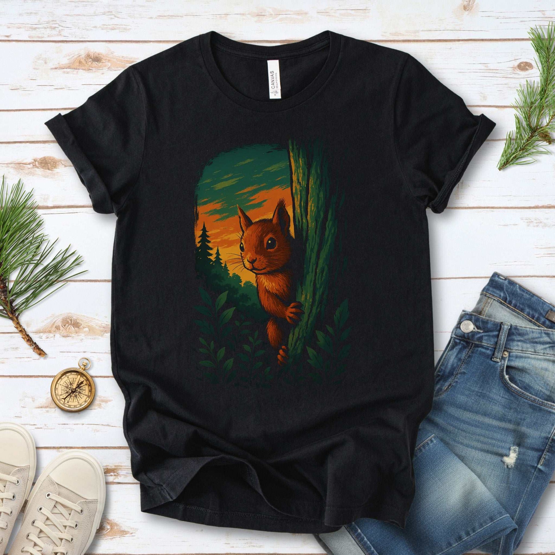 Squirrel Peeking in Forest T-Shirt – Spirit Animal of Playfulness