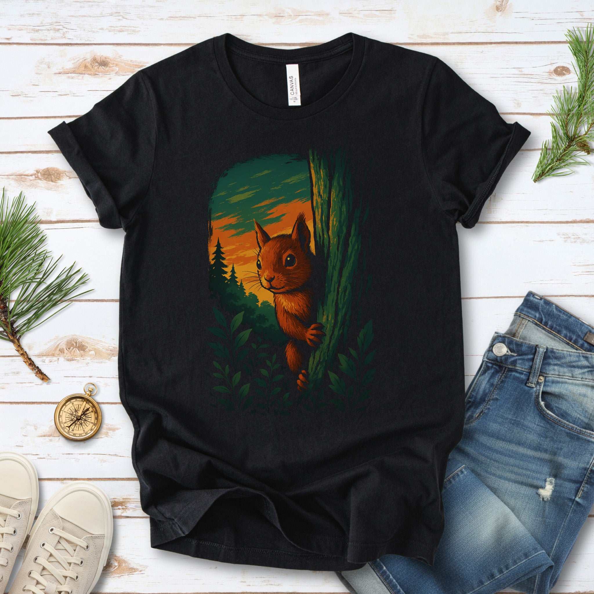Squirrel Peeking in Forest T-Shirt – Spirit Animal of Playfulness