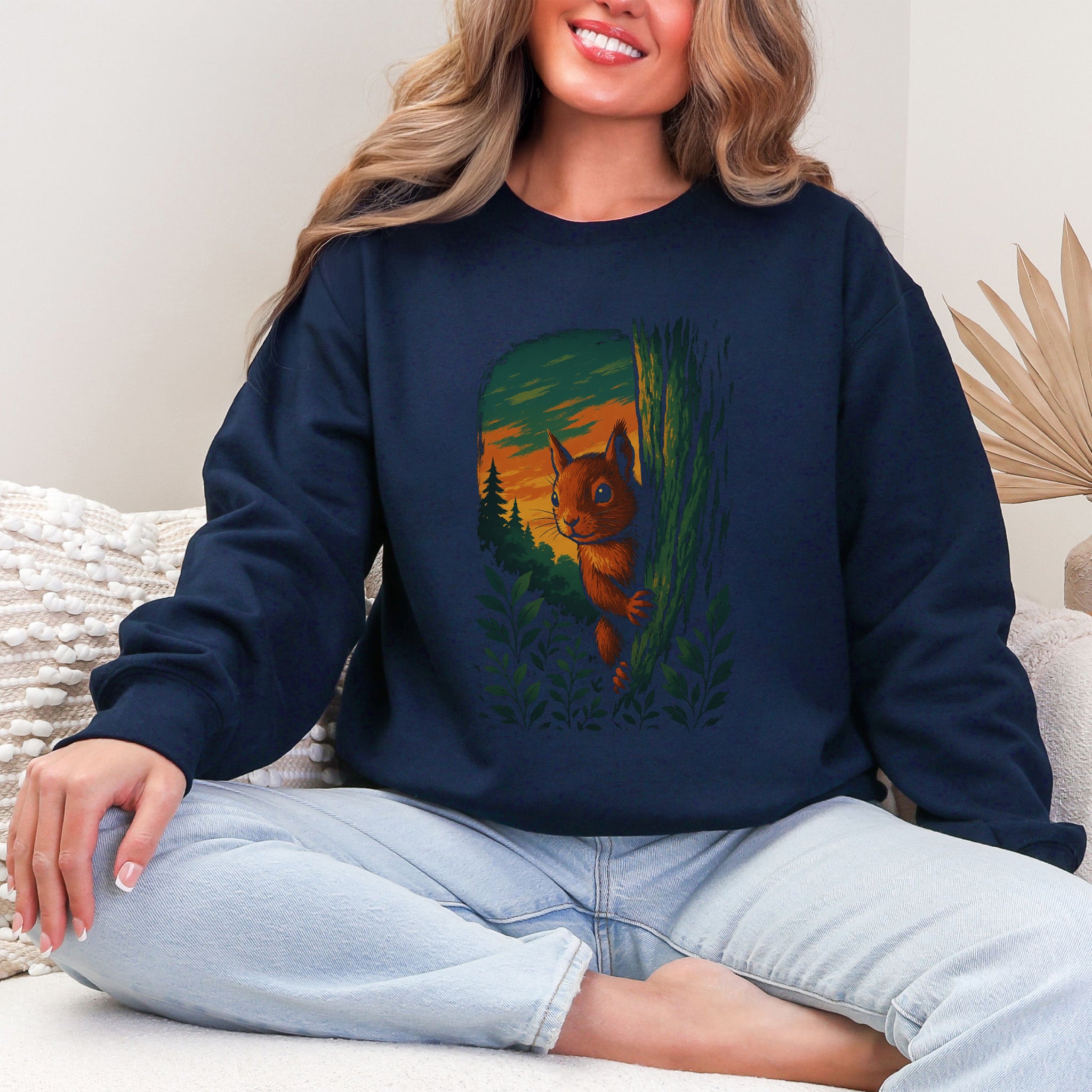 Squirrel Peeking in Forest Sweatshirt – Spirit Animal of Playfulness