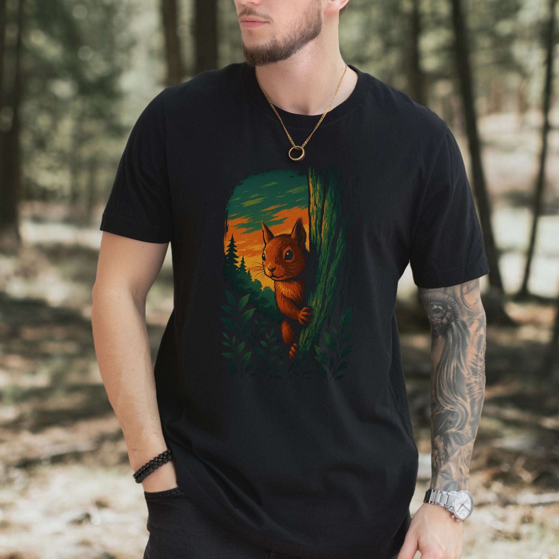 Squirrel Peeking in Forest T-Shirt – Spirit Animal of Playfulness
