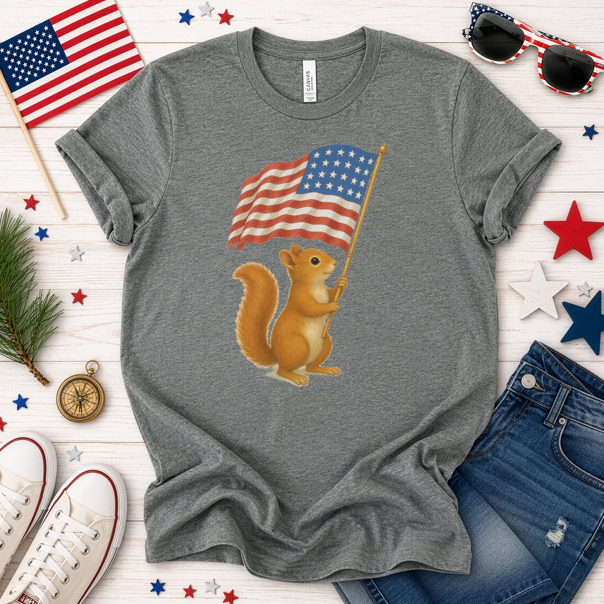Squirrel with American Flag T-Shirt – Cute 4th of July Animal Tee