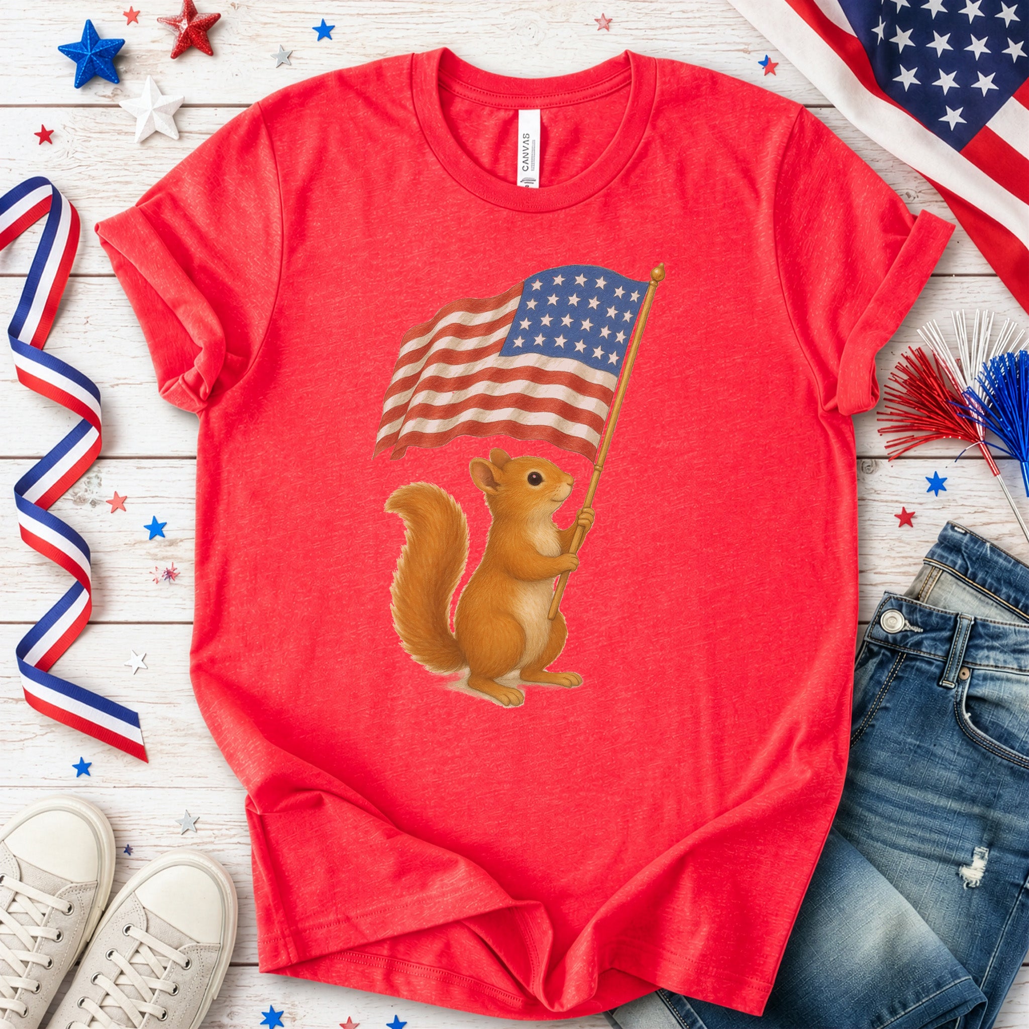Squirrel with American Flag T-Shirt – Cute 4th of July Animal Tee