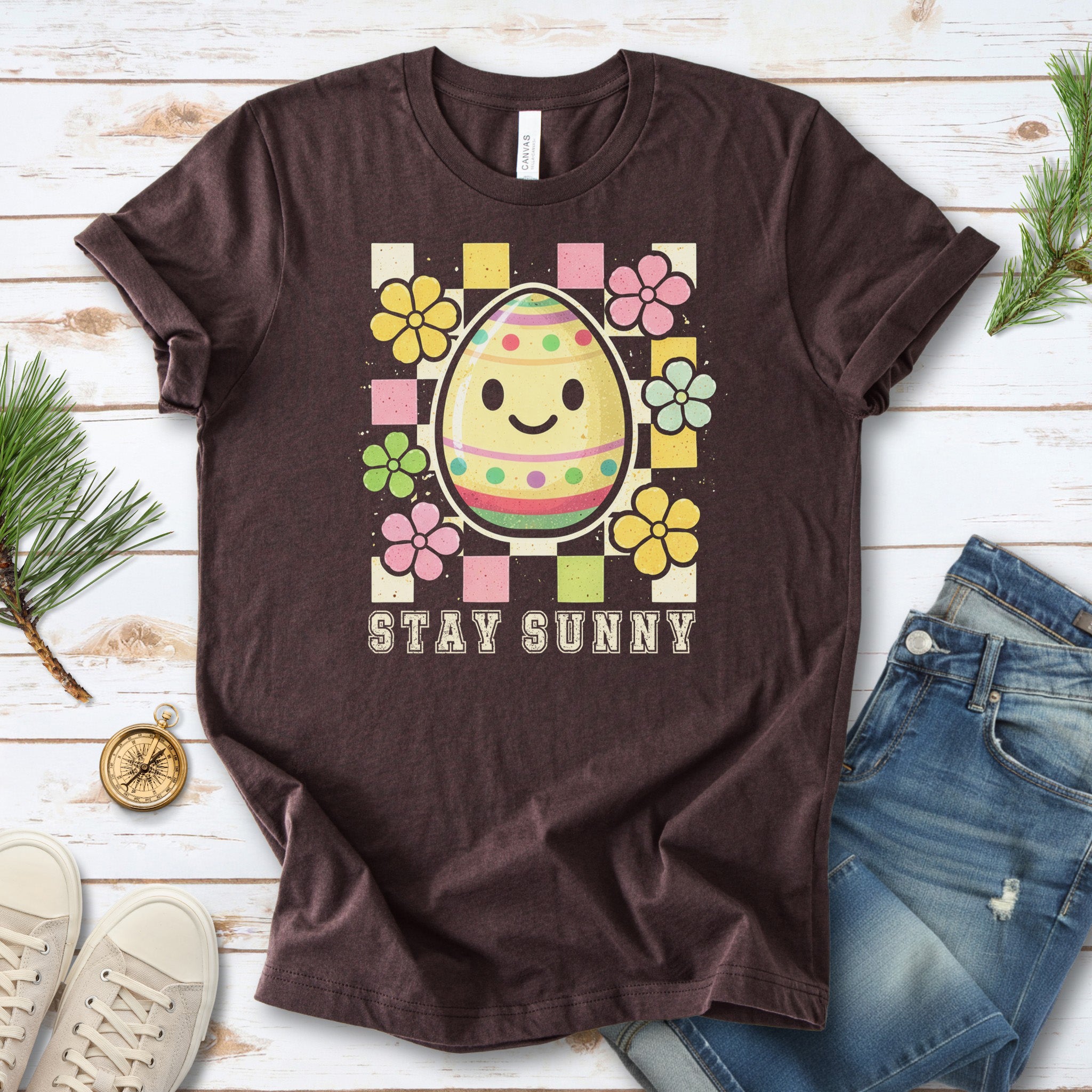 Stay Sunny T-Shirt Retro Floral Easter Egg Spring Gift Tee