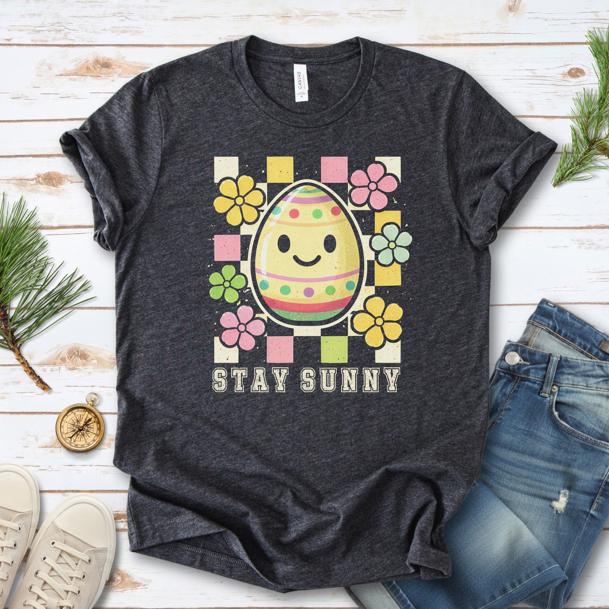 Stay Sunny T-Shirt Retro Floral Easter Egg Spring Gift Tee