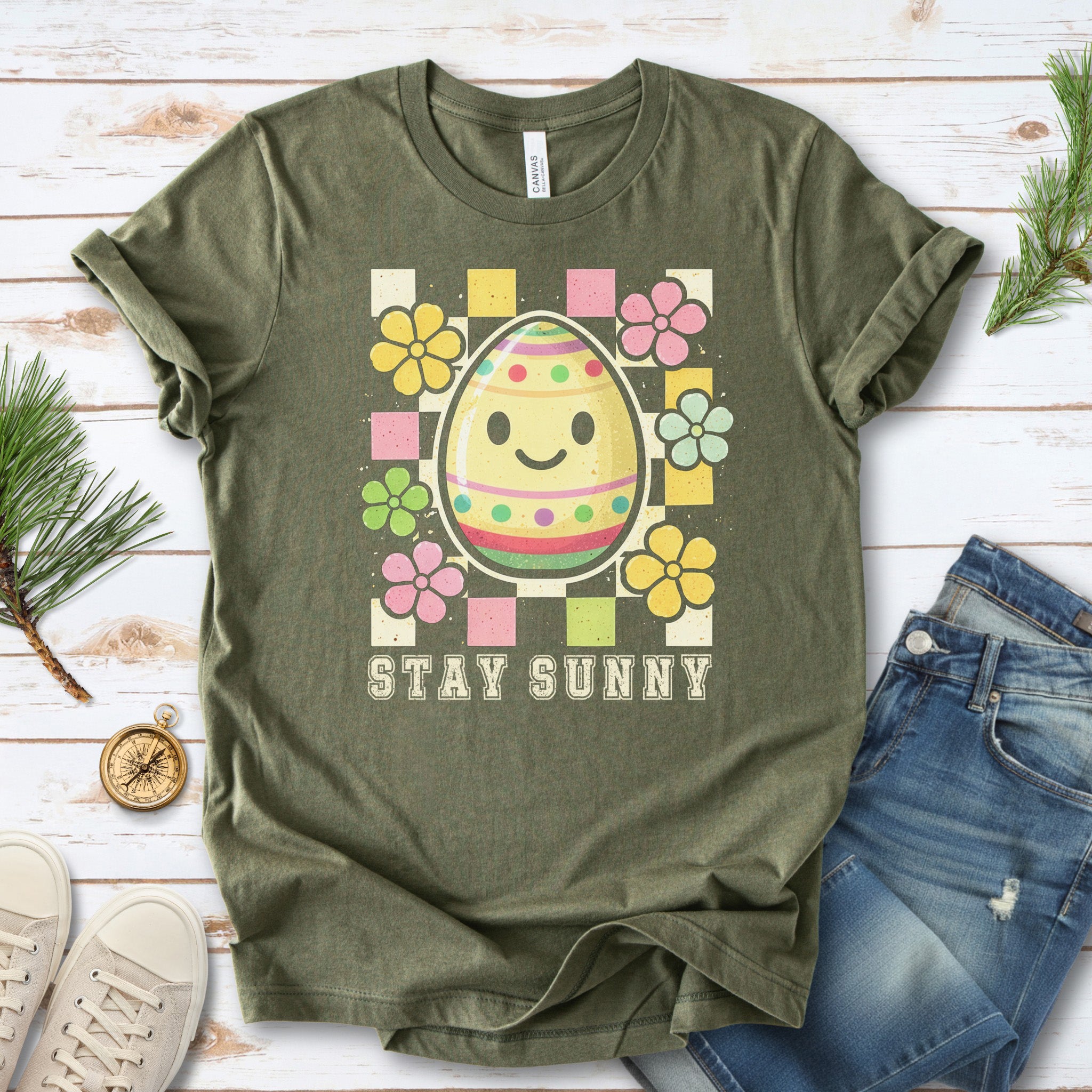 Stay Sunny T-Shirt Retro Floral Easter Egg Spring Gift Tee
