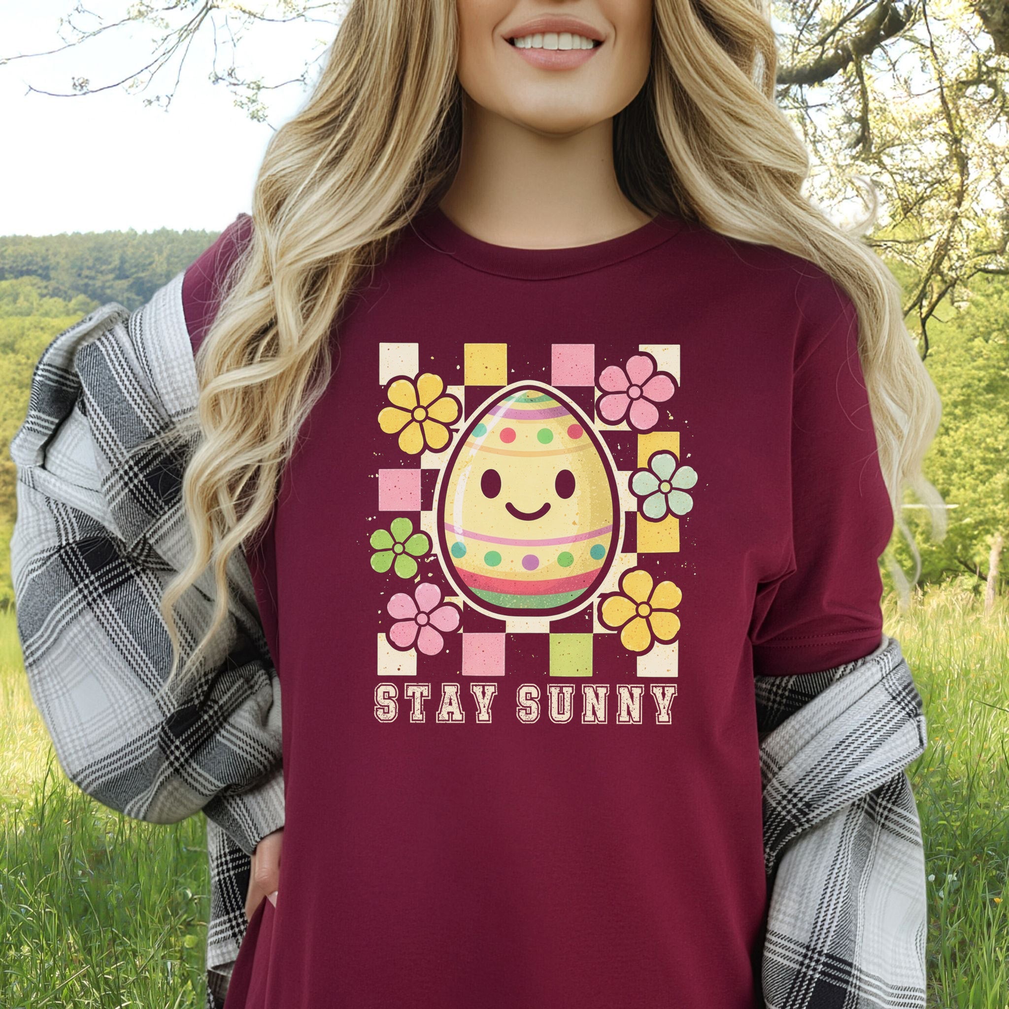 Stay Sunny T-Shirt Retro Floral Easter Egg Spring Gift Tee