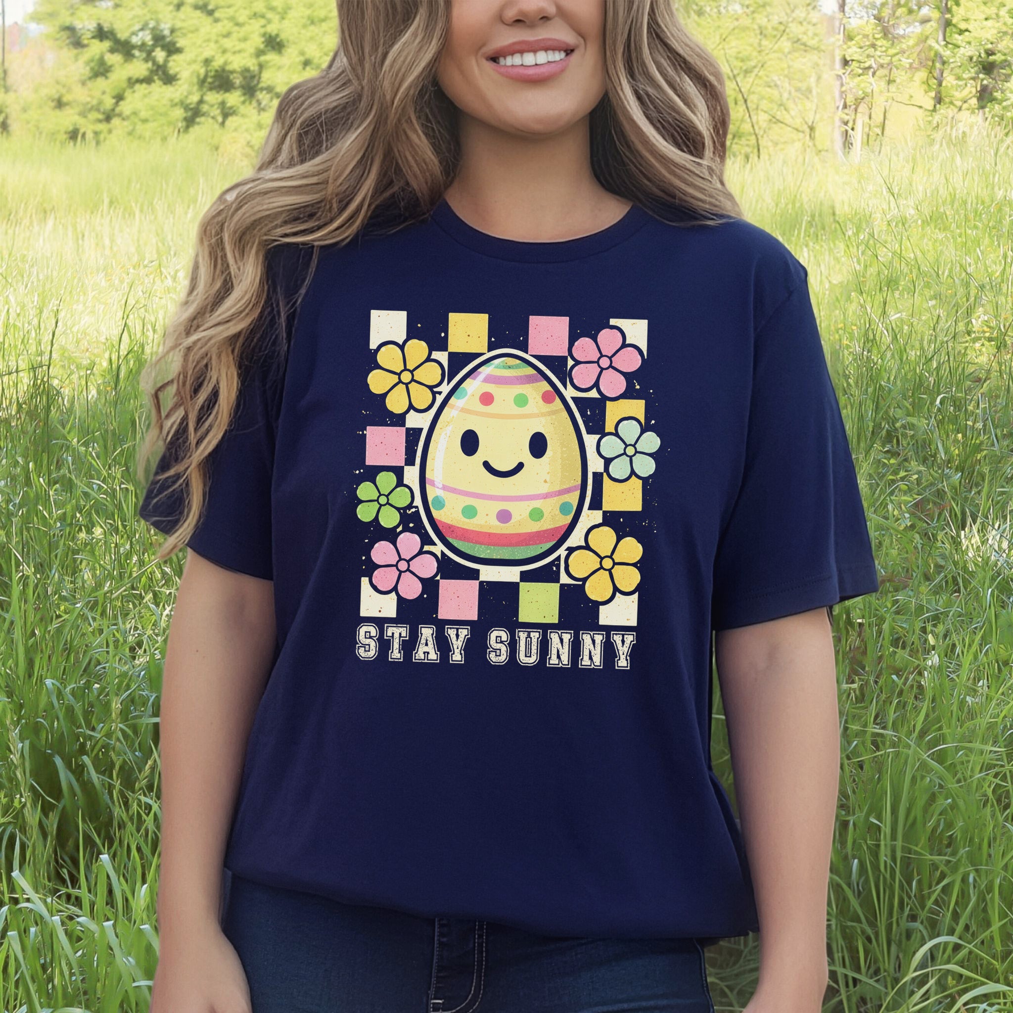 Stay Sunny T-Shirt Retro Floral Easter Egg Spring Gift Tee