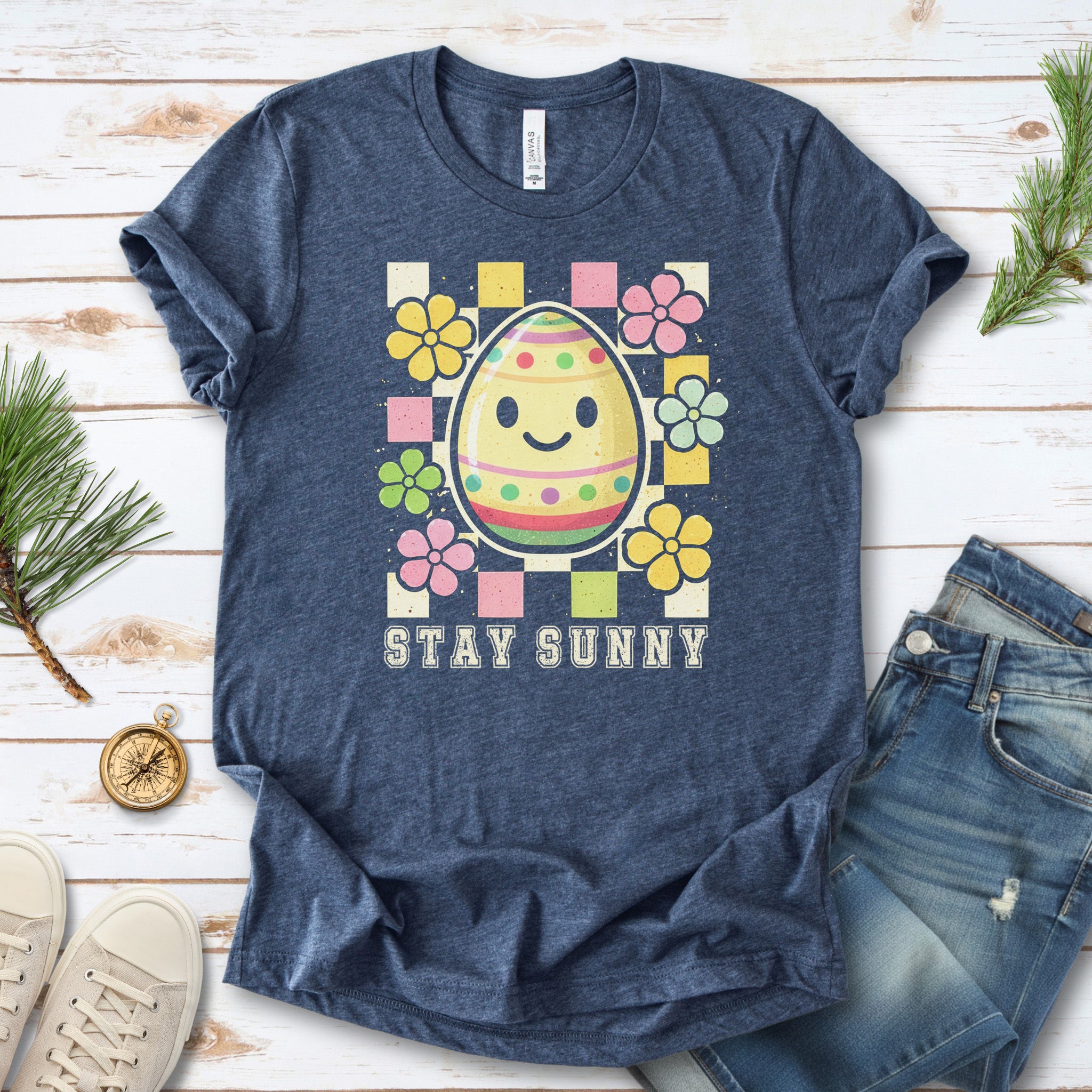 Stay Sunny T-Shirt Retro Floral Easter Egg Spring Gift Tee