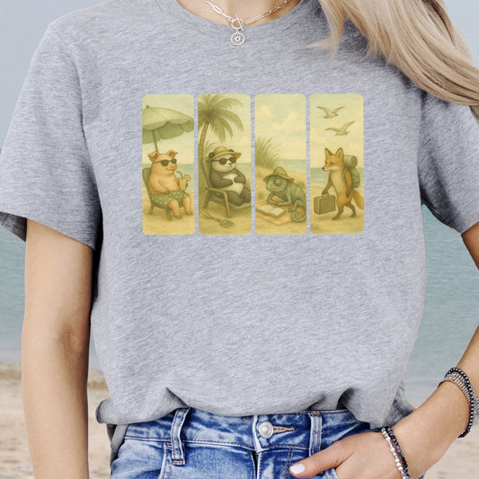 Beach Animal Strips T-Shirt – Cute Panda, Fox, Pig & Chameleon Vacation Tee