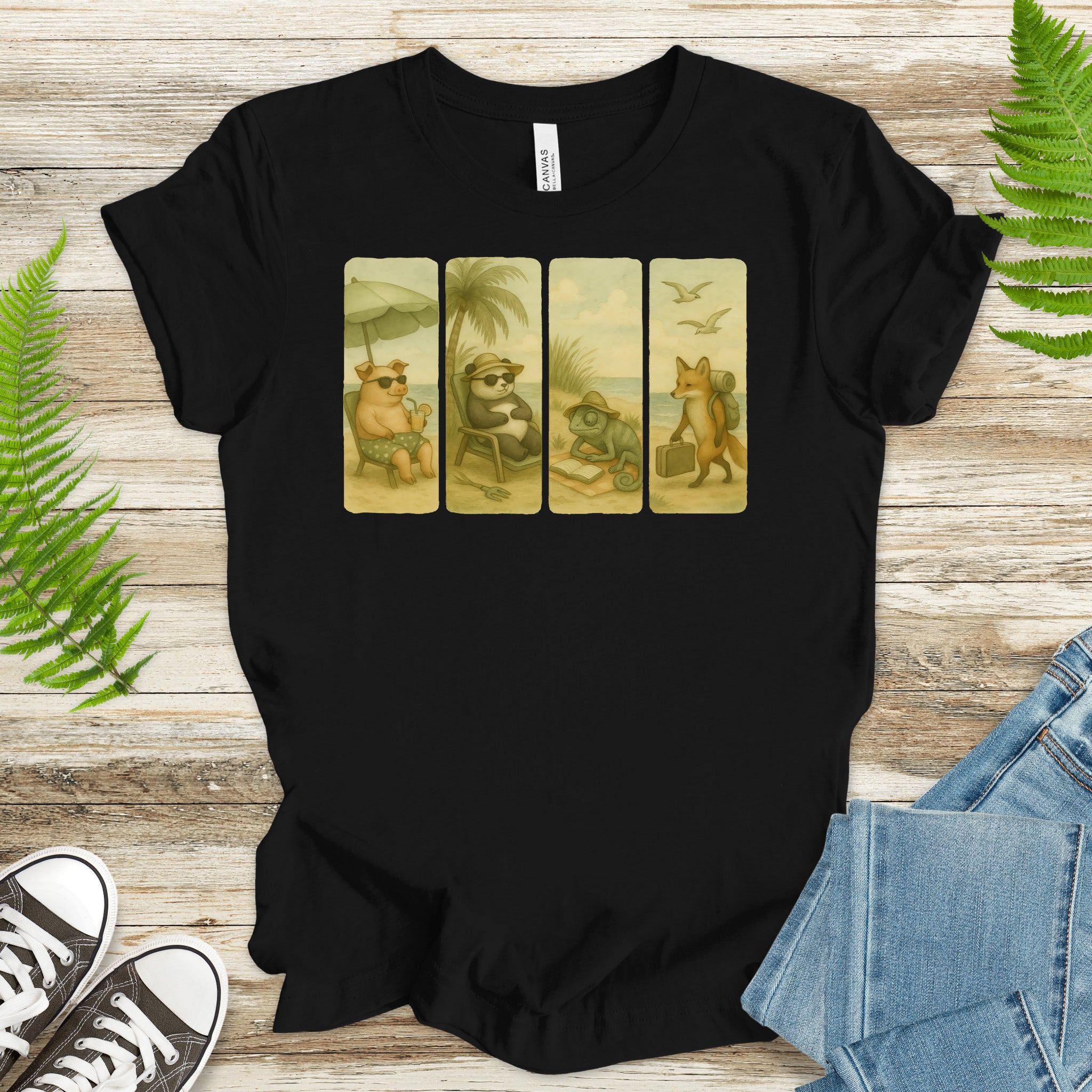 Beach Animal Strips T-Shirt – Cute Panda, Fox, Pig & Chameleon Vacation Tee