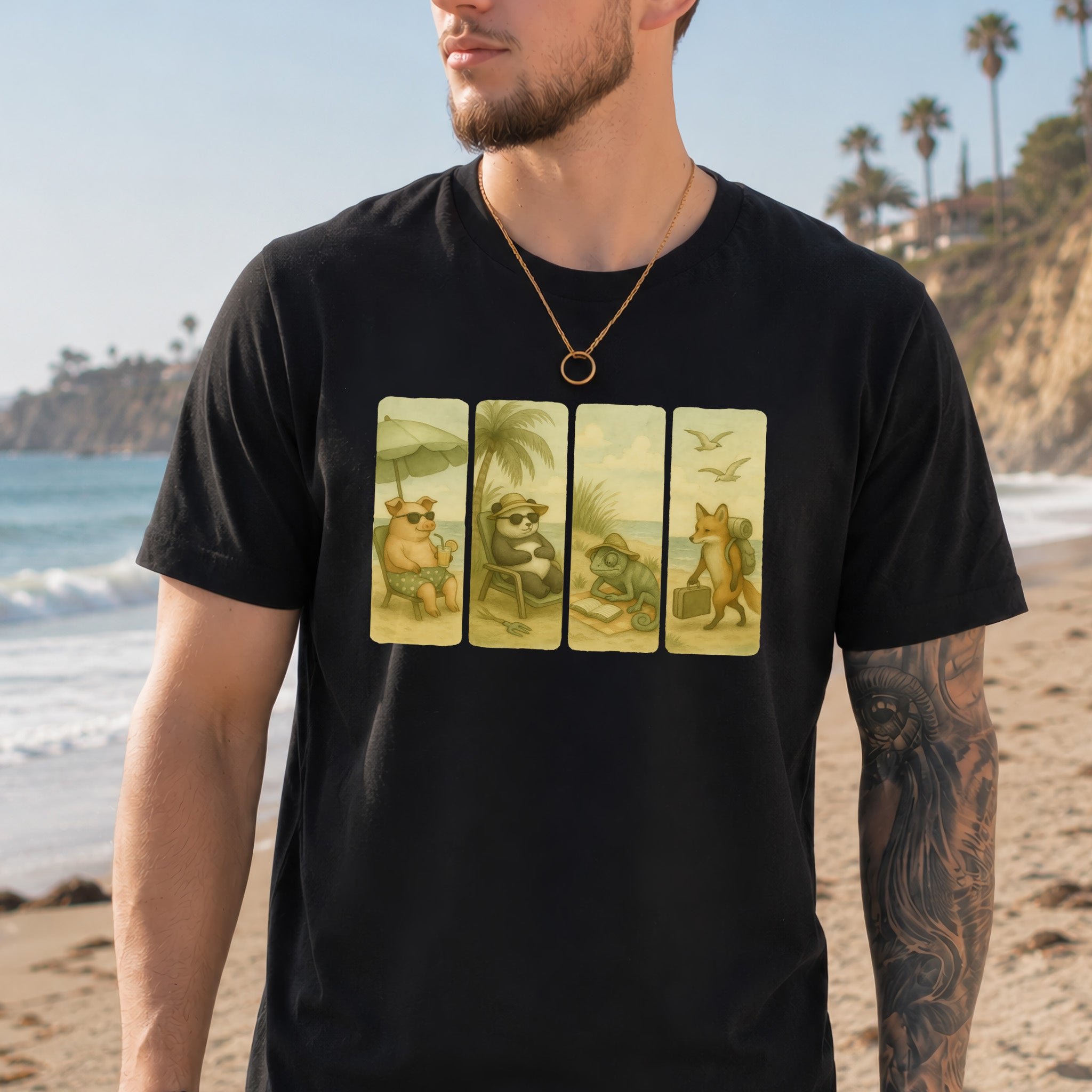 Beach Animal Strips T-Shirt – Cute Panda, Fox, Pig & Chameleon Vacation Tee