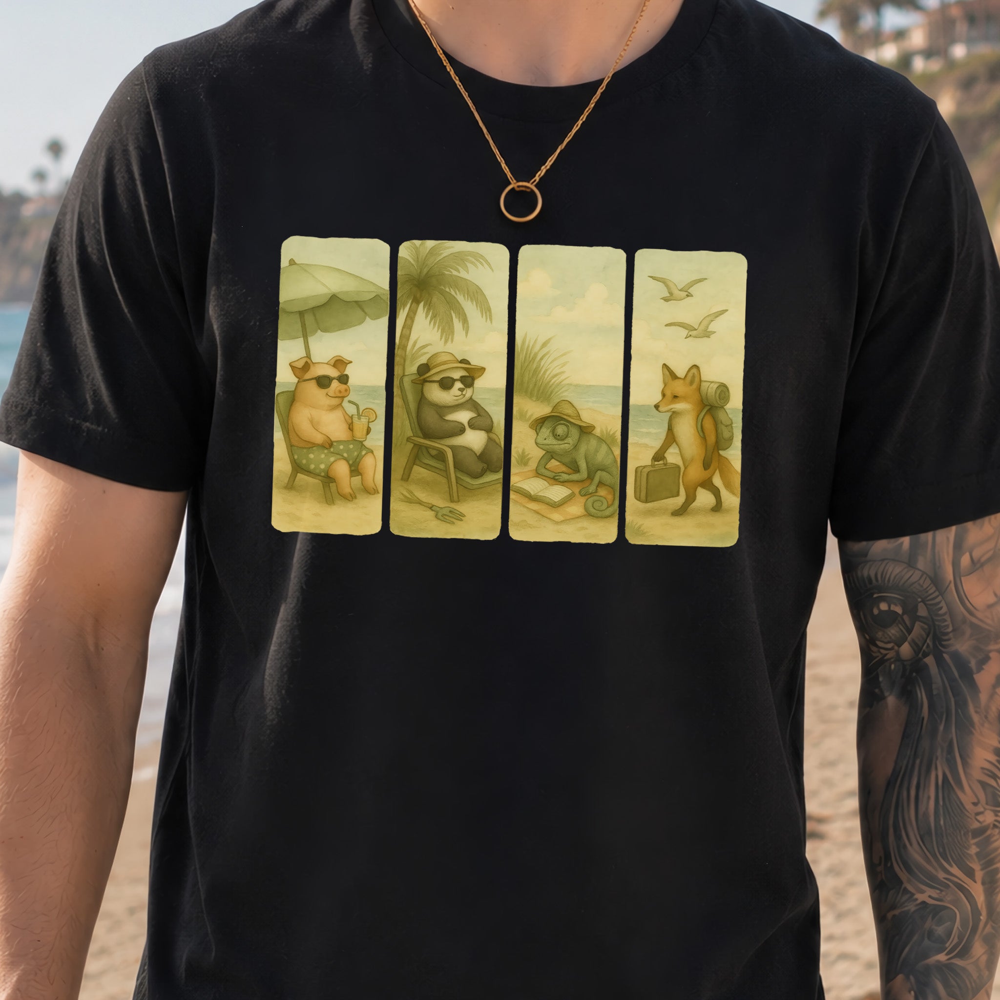 Beach Animal Strips T-Shirt – Cute Panda, Fox, Pig & Chameleon Vacation Tee