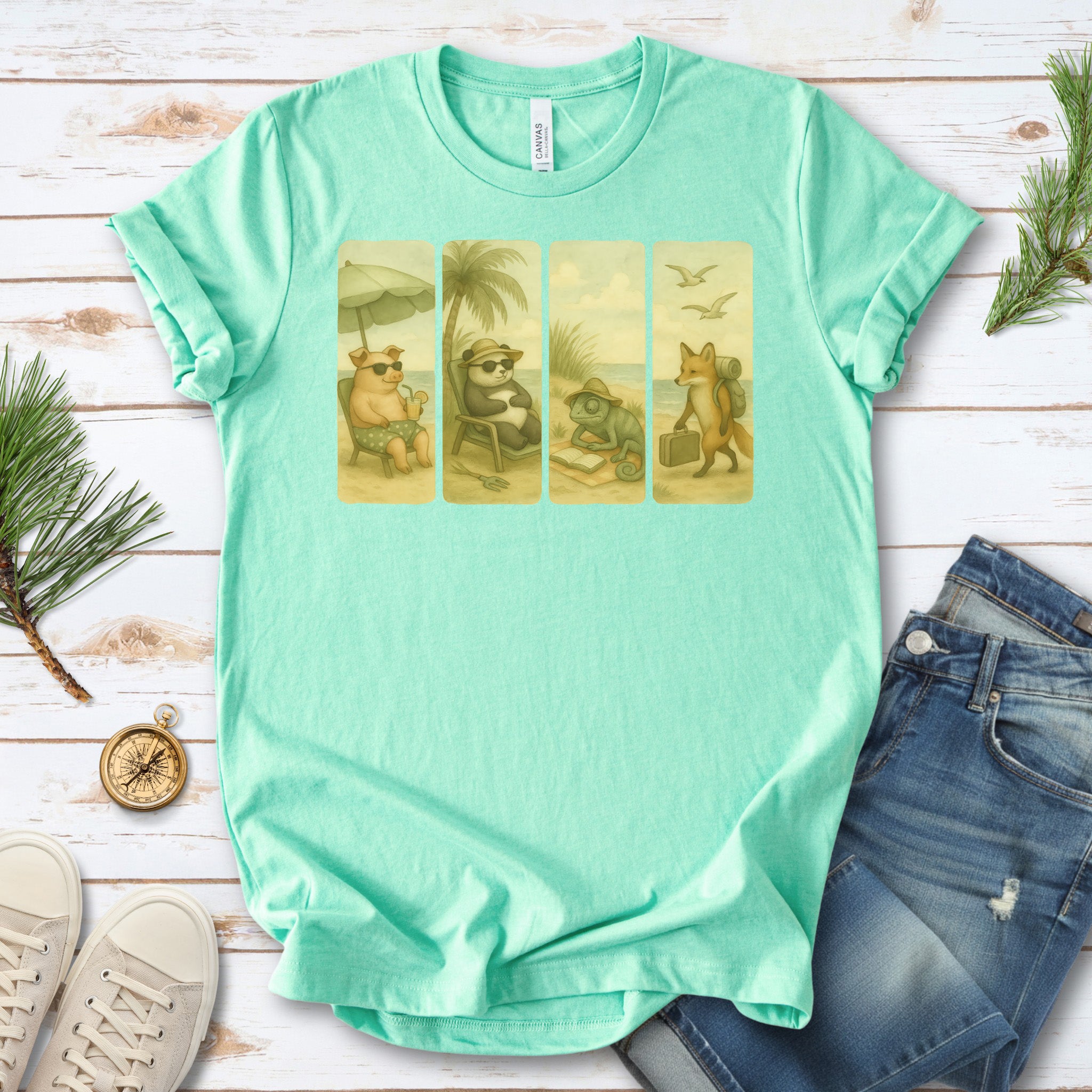Beach Animal Strips T-Shirt – Cute Panda, Fox, Pig & Chameleon Vacation Tee