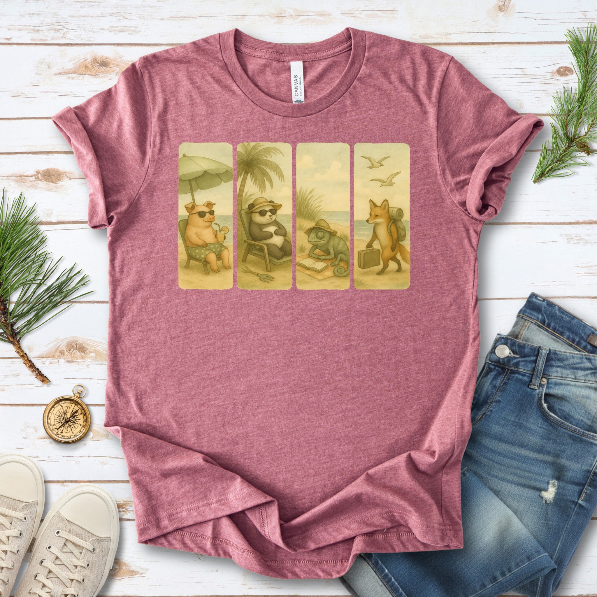 Beach Animal Strips T-Shirt – Cute Panda, Fox, Pig & Chameleon Vacation Tee