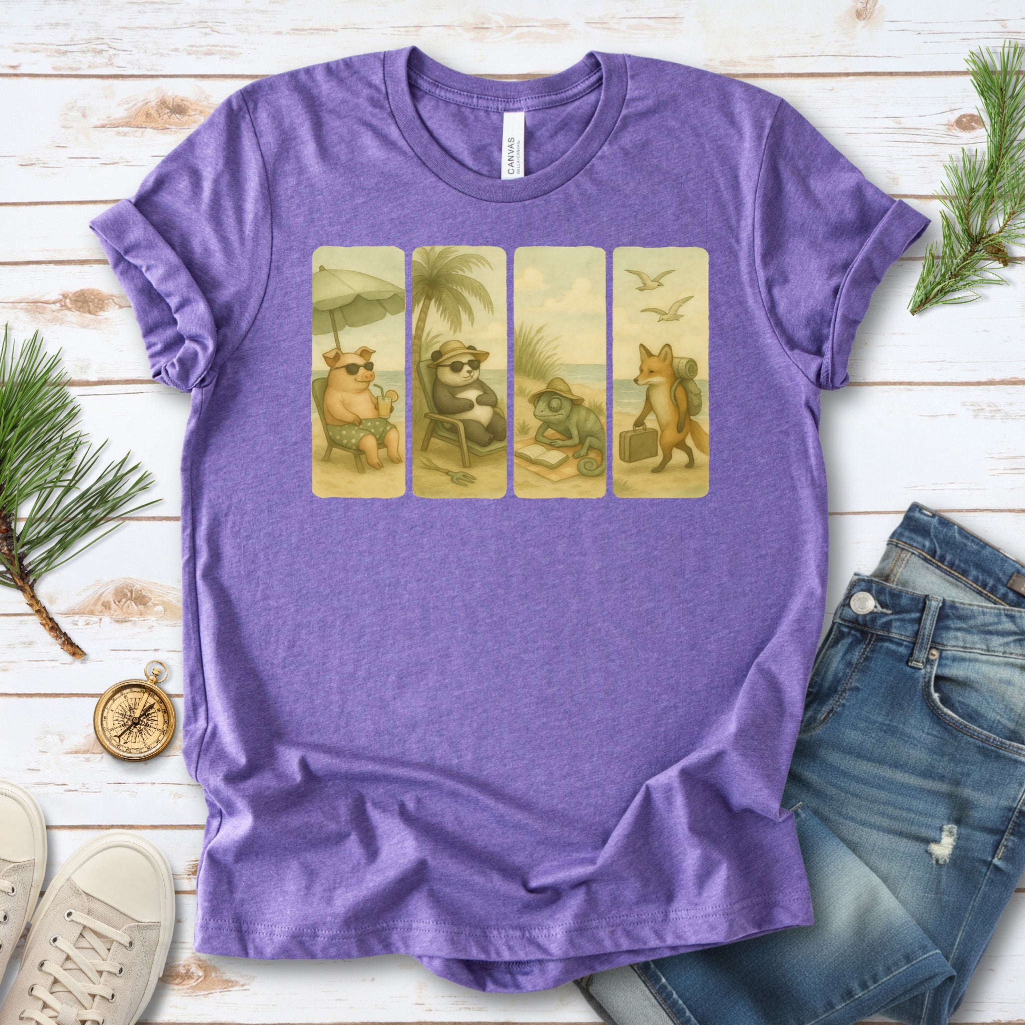 Beach Animal Strips T-Shirt – Cute Panda, Fox, Pig & Chameleon Vacation Tee