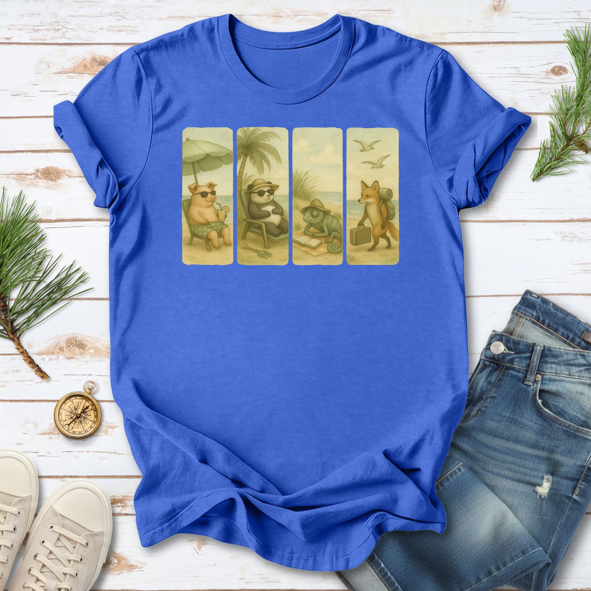 Beach Animal Strips T-Shirt – Cute Panda, Fox, Pig & Chameleon Vacation Tee