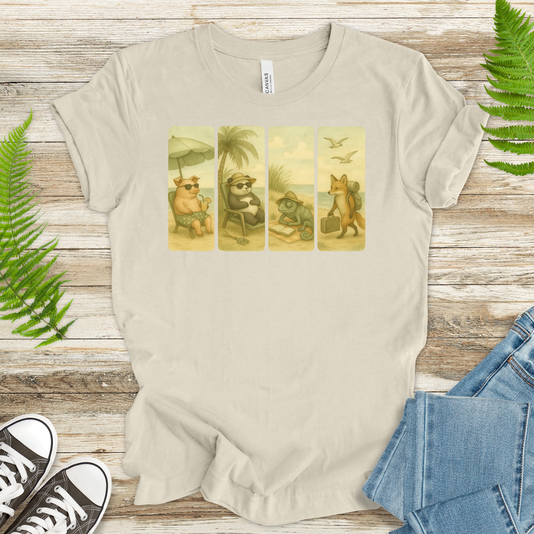 Beach Animal Strips T-Shirt – Cute Panda, Fox, Pig & Chameleon Vacation Tee