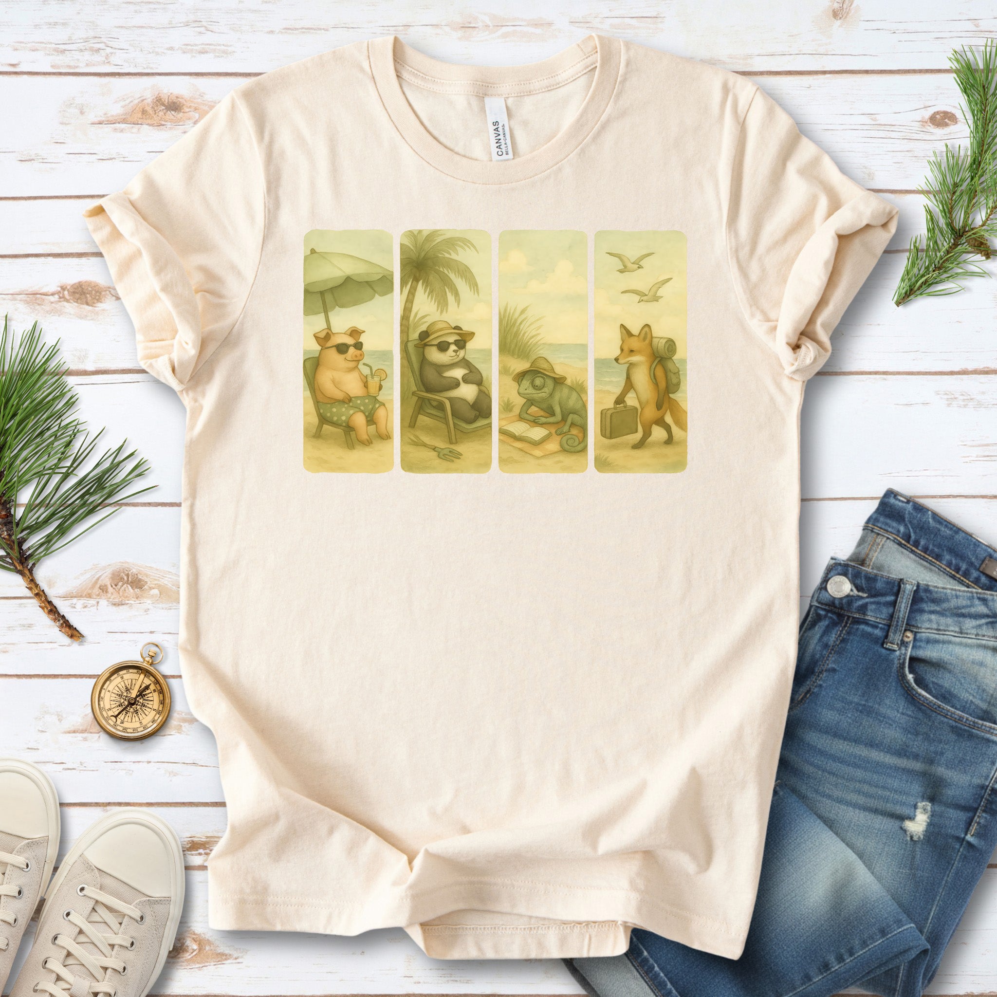 Beach Animal Strips T-Shirt – Cute Panda, Fox, Pig & Chameleon Vacation Tee
