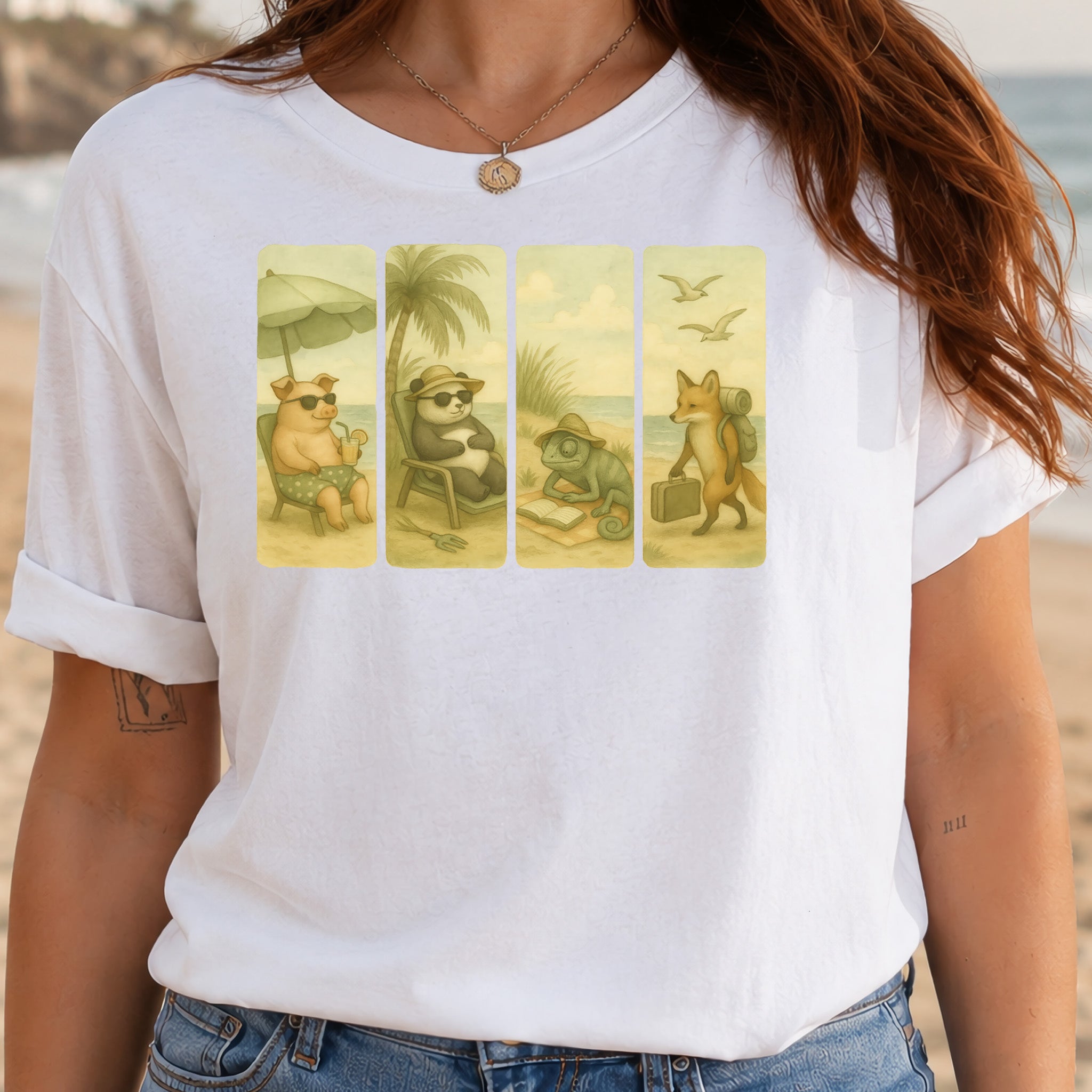 Beach Animal Strips T-Shirt – Cute Panda, Fox, Pig & Chameleon Vacation Tee