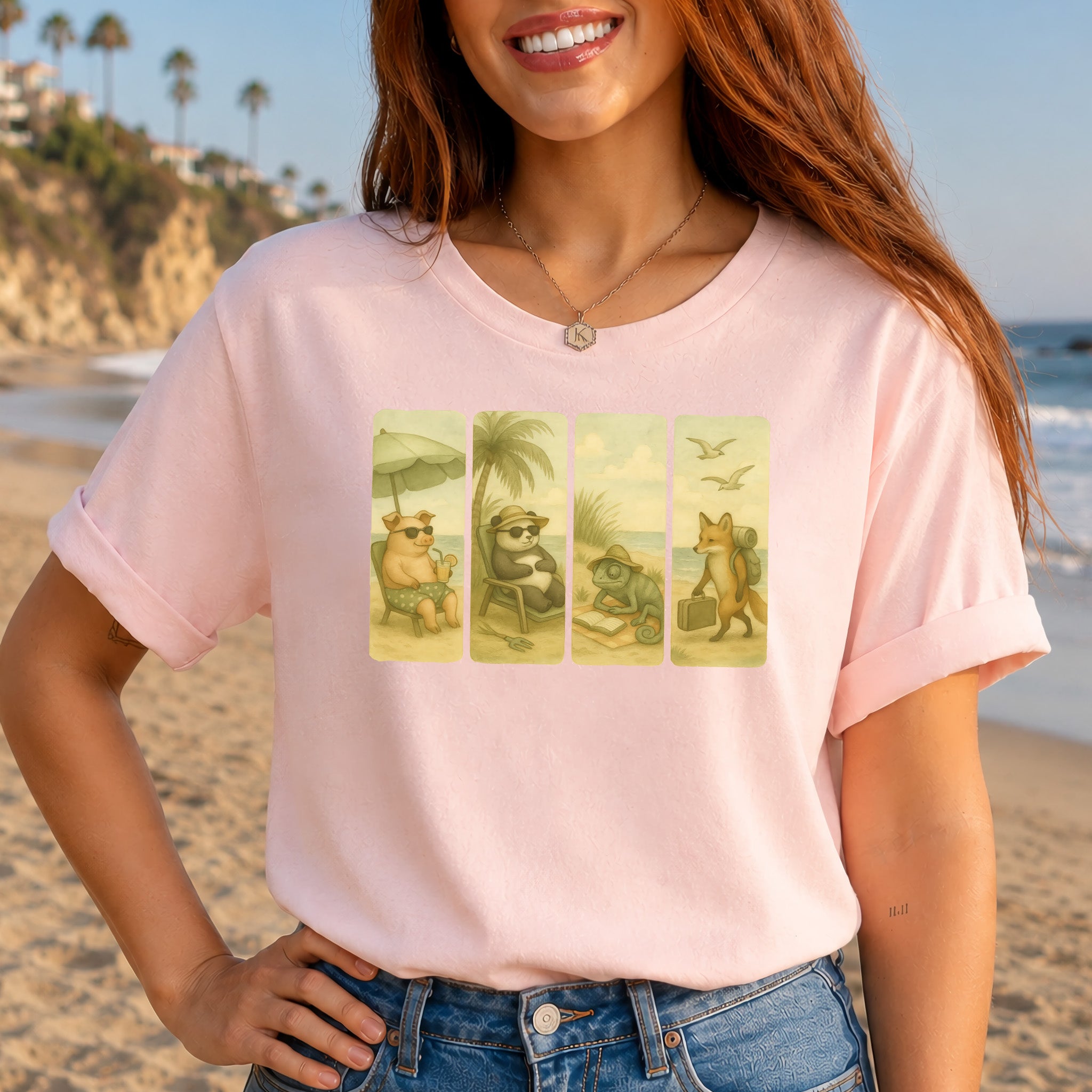 Beach Animal Strips T-Shirt – Cute Panda, Fox, Pig & Chameleon Vacation Tee