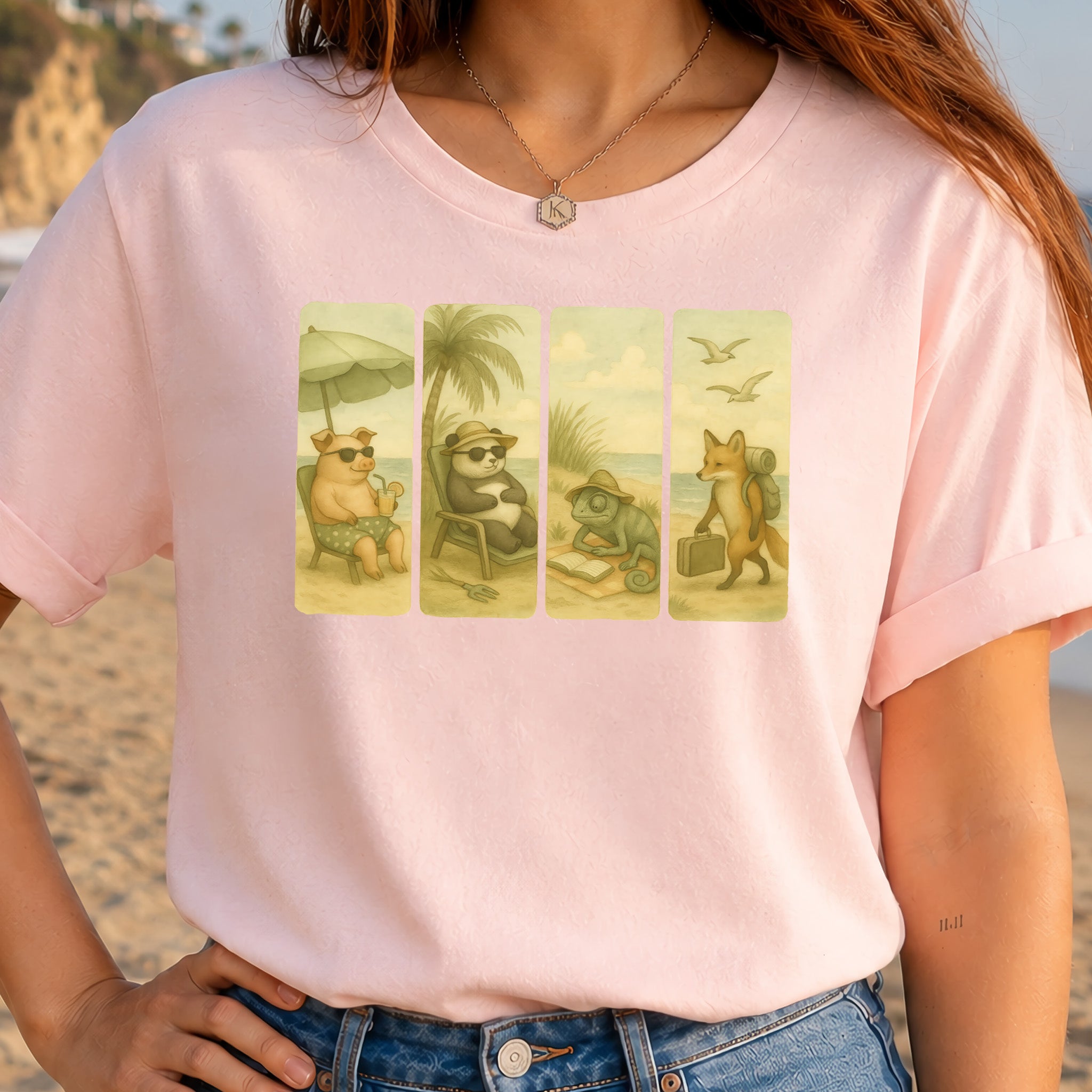 Beach Animal Strips T-Shirt – Cute Panda, Fox, Pig & Chameleon Vacation Tee