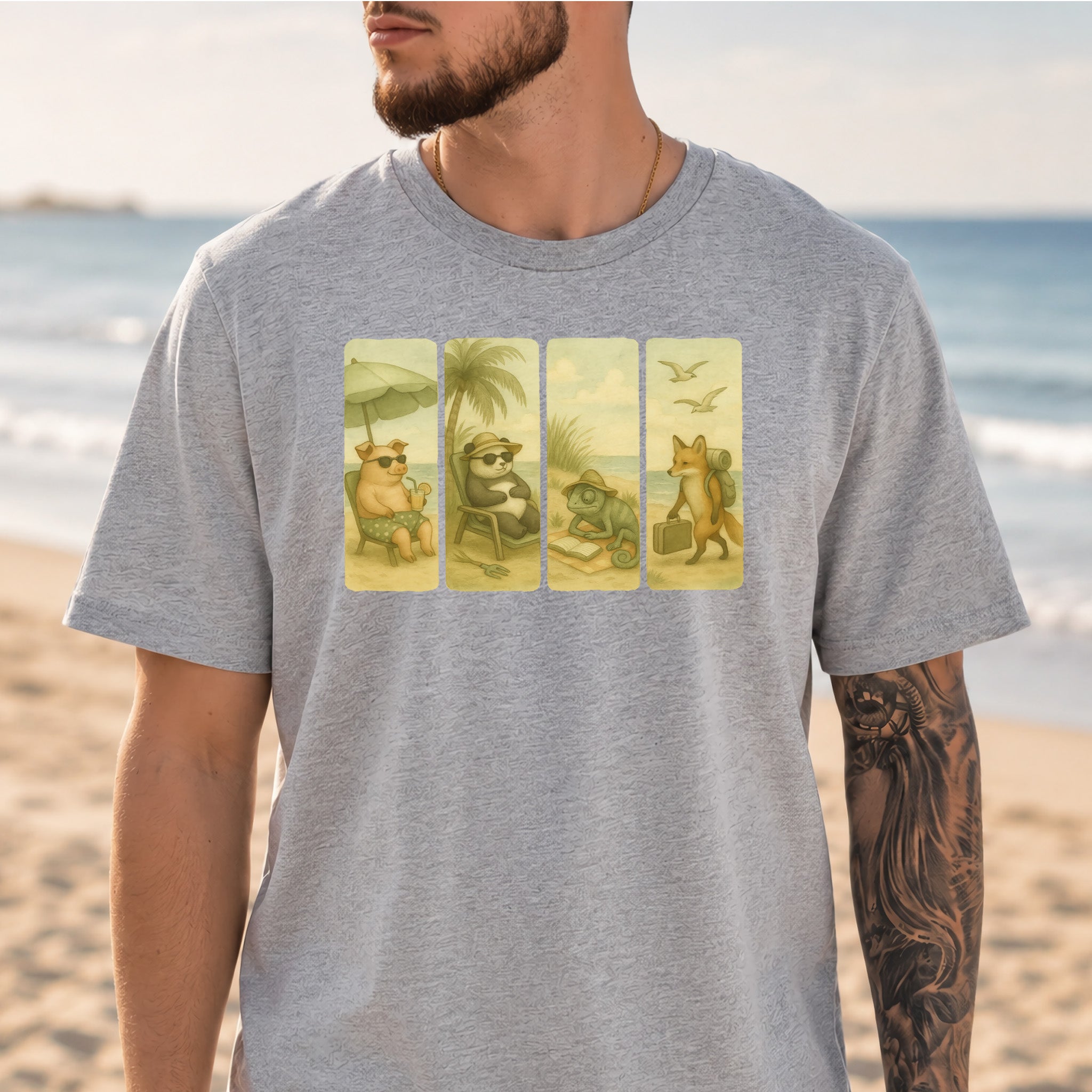 Beach Animal Strips T-Shirt – Cute Panda, Fox, Pig & Chameleon Vacation Tee