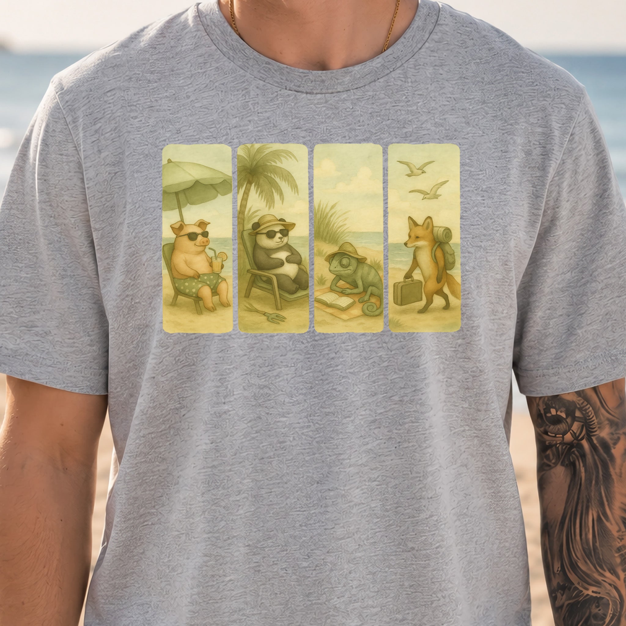 Beach Animal Strips T-Shirt – Cute Panda, Fox, Pig & Chameleon Vacation Tee