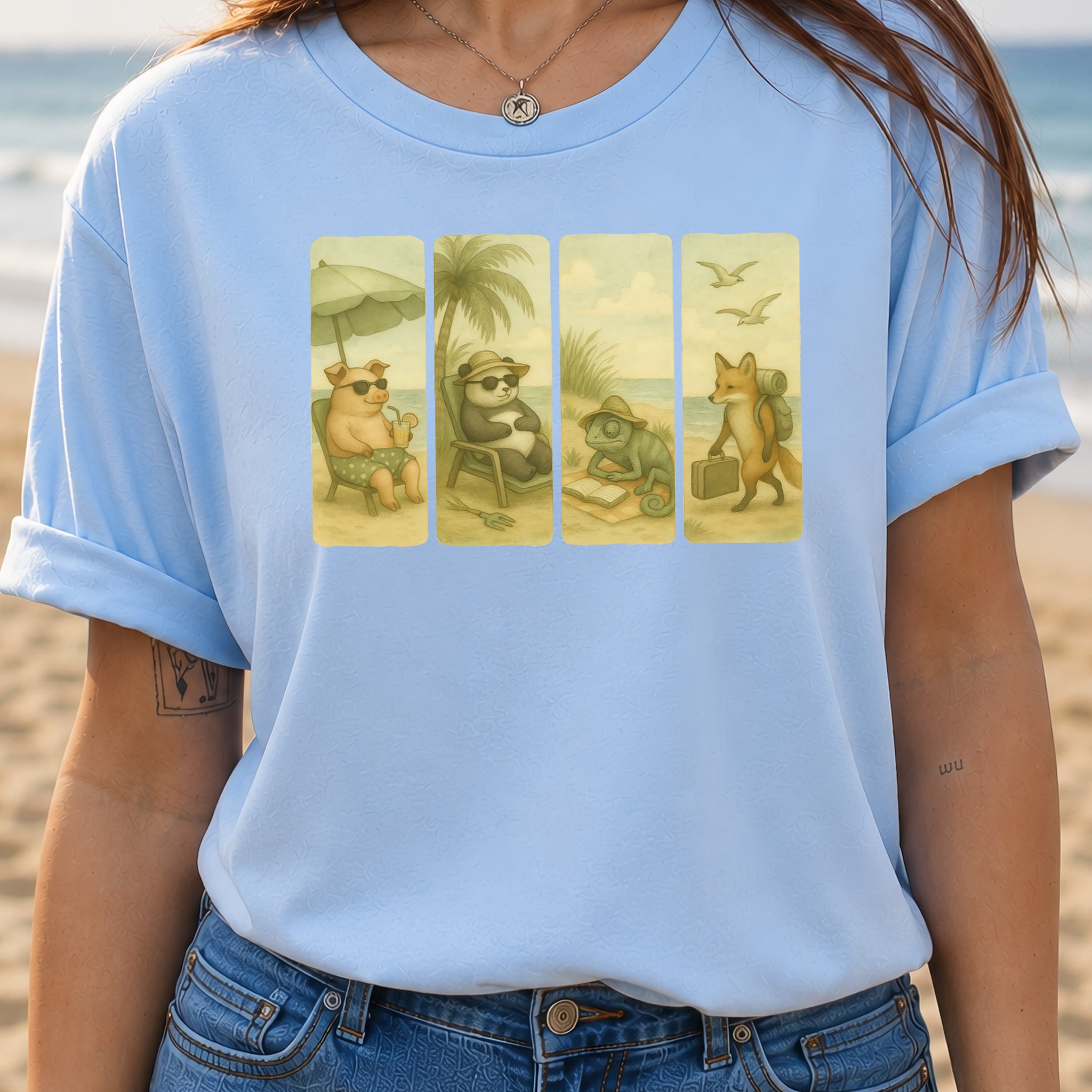 Beach Animal Strips T-Shirt – Cute Panda, Fox, Pig & Chameleon Vacation Tee