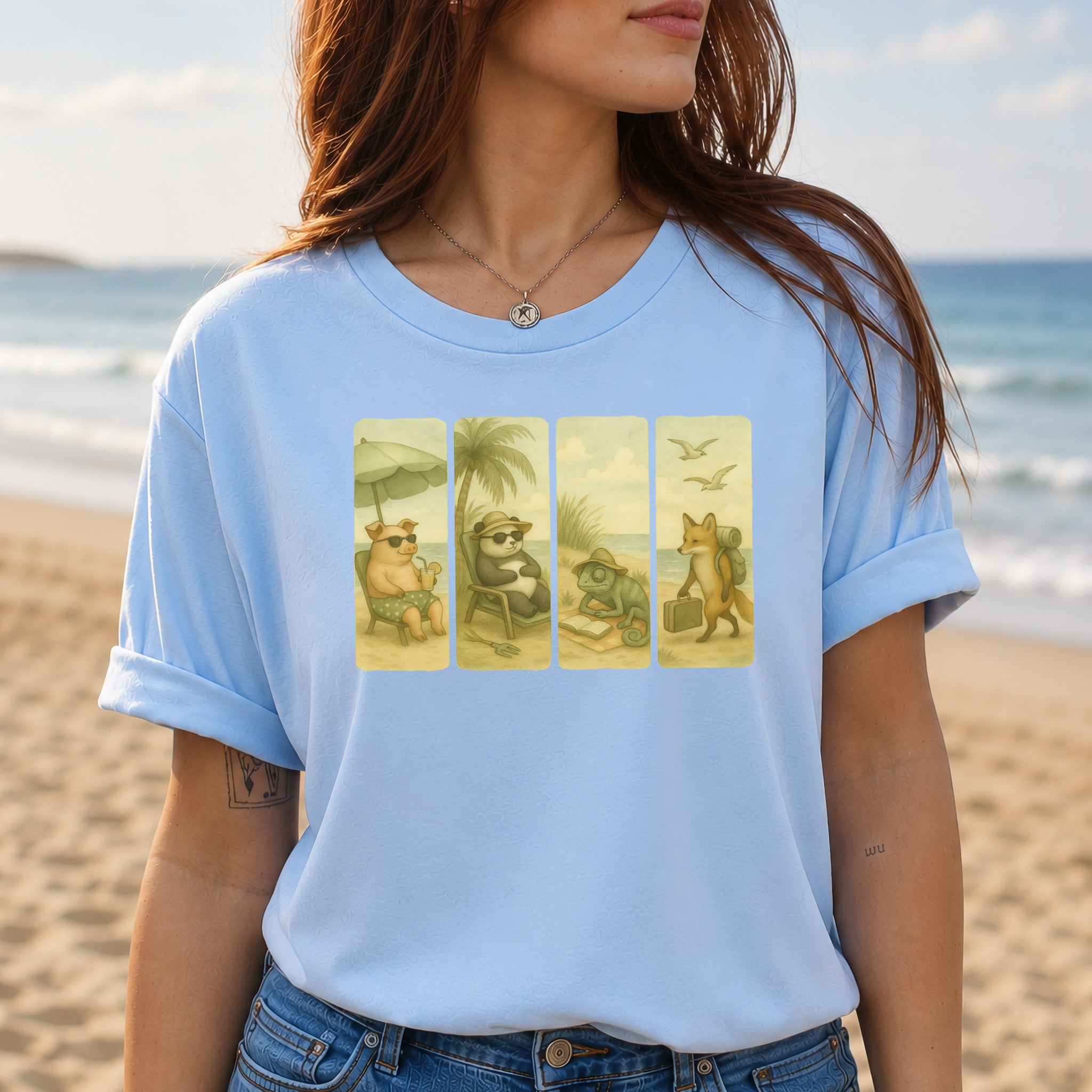 Beach Animal Strips T-Shirt – Cute Panda, Fox, Pig & Chameleon Vacation Tee
