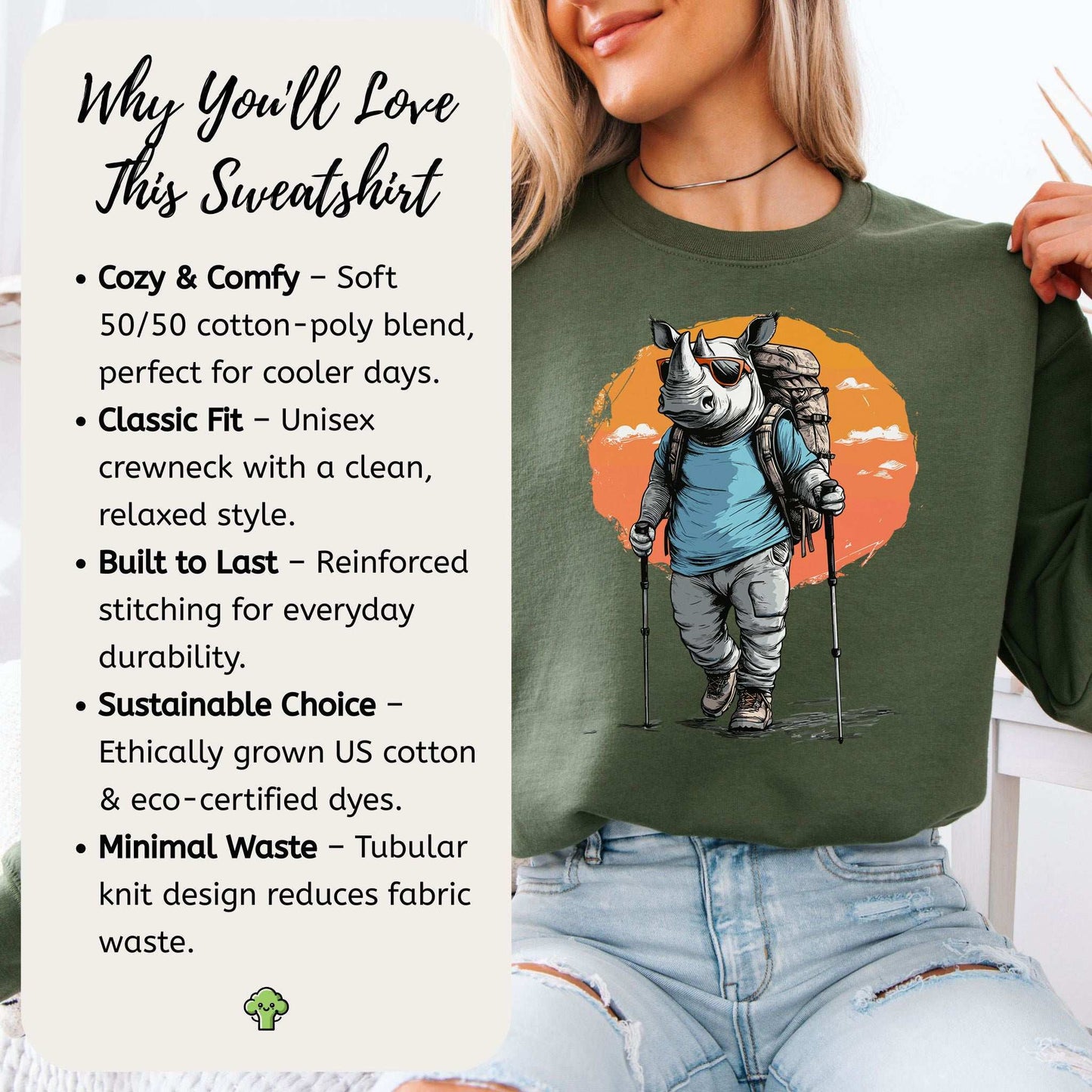 Sunset Hike with Rhino Sweatshirt – Bold Trekker with a Wild Sense of Humor