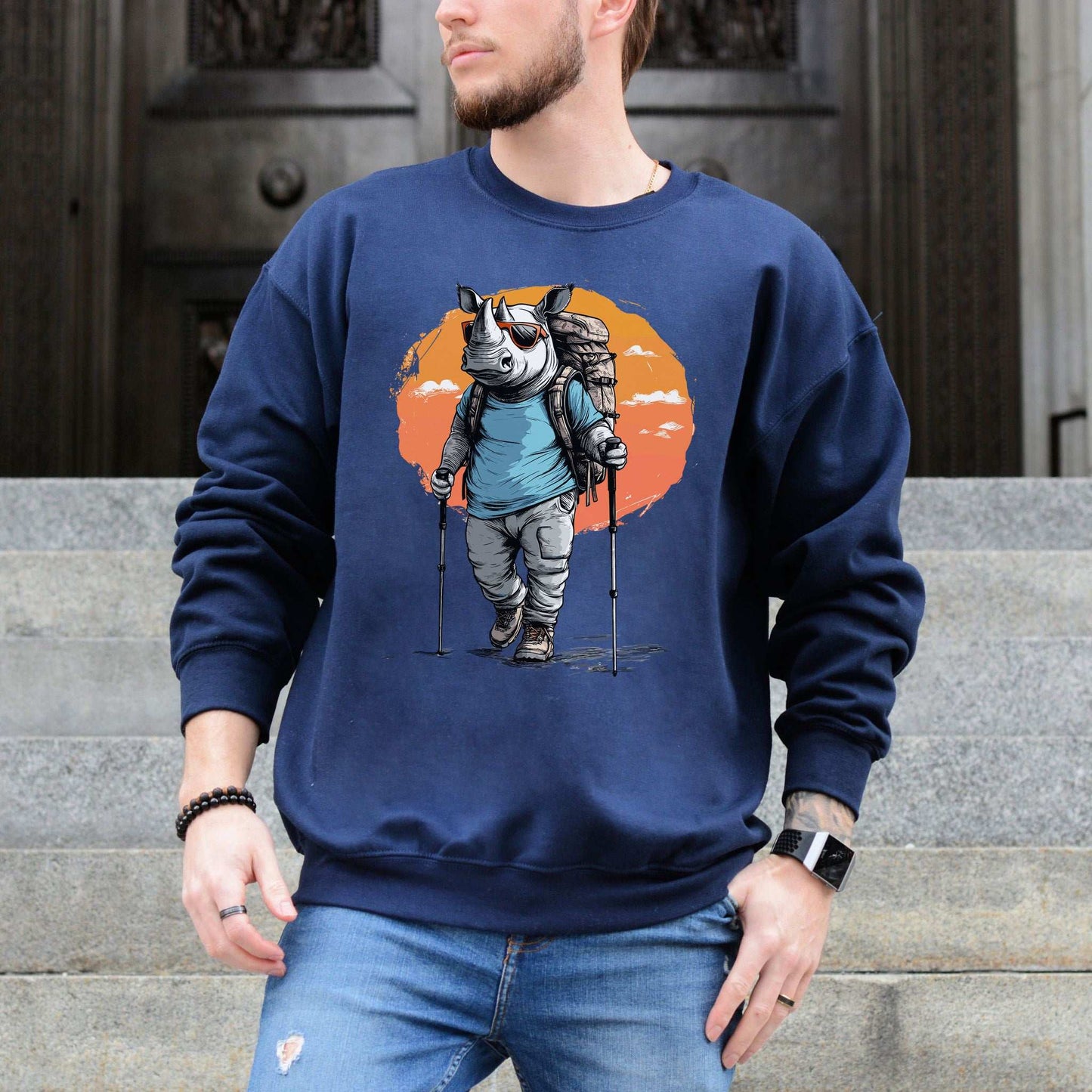 Sunset Hike with Rhino Sweatshirt – Bold Trekker with a Wild Sense of Humor