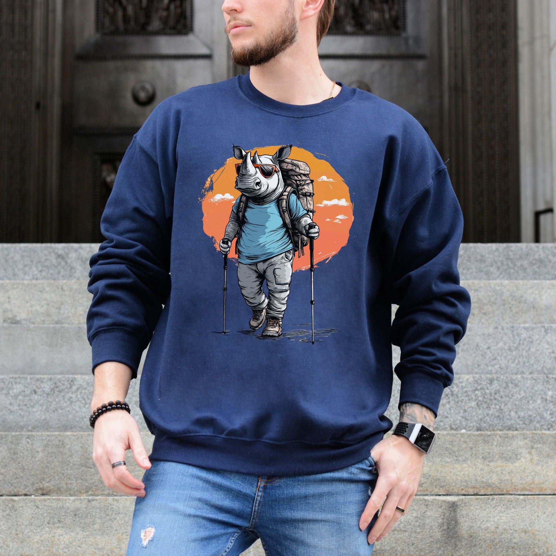 Sunset Hike with Rhino Sweatshirt – Bold Trekker with a Wild Sense of Humor